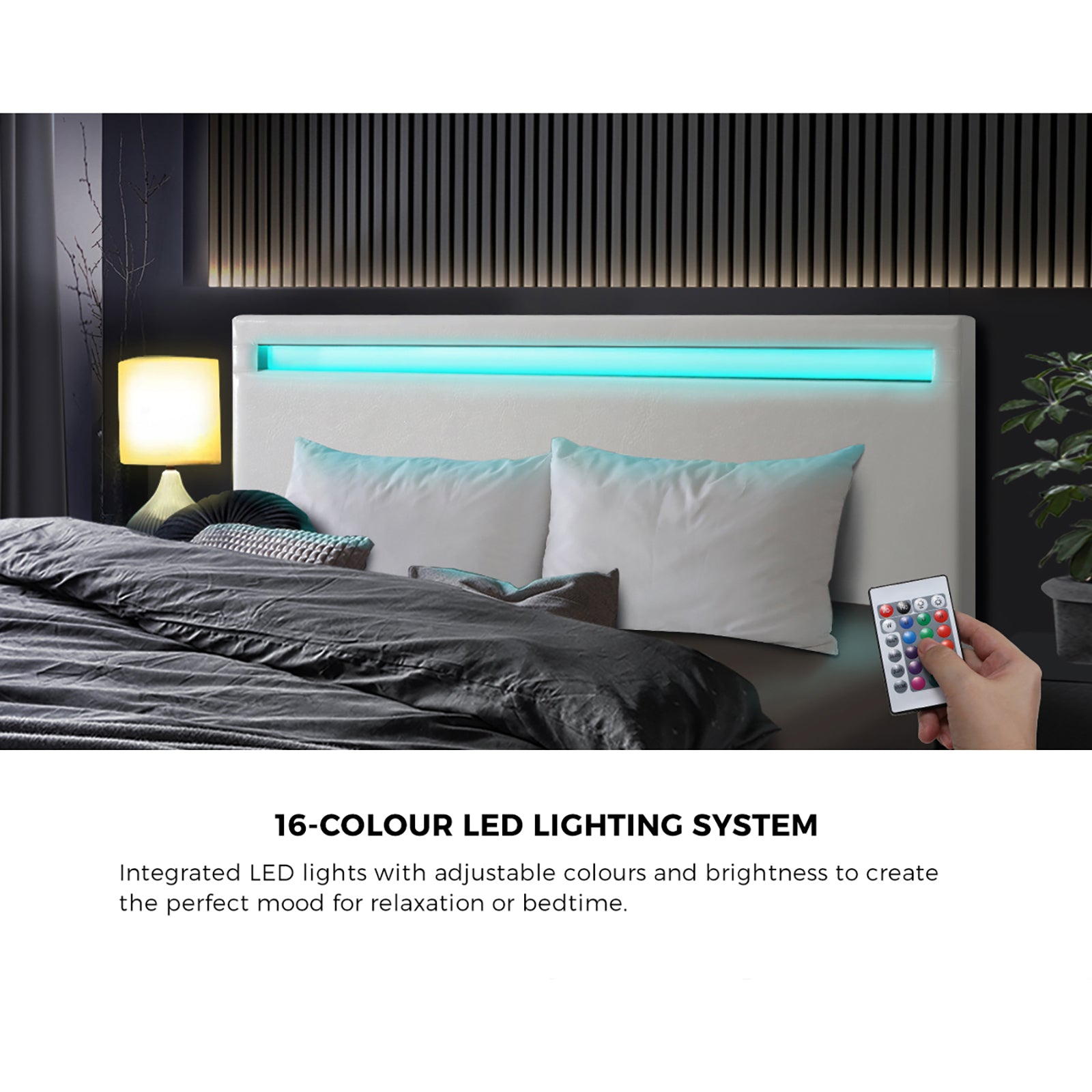 Oikiture Bed Frame Queen Size RGB LED Gas Lift Storage Base White - Sunyee