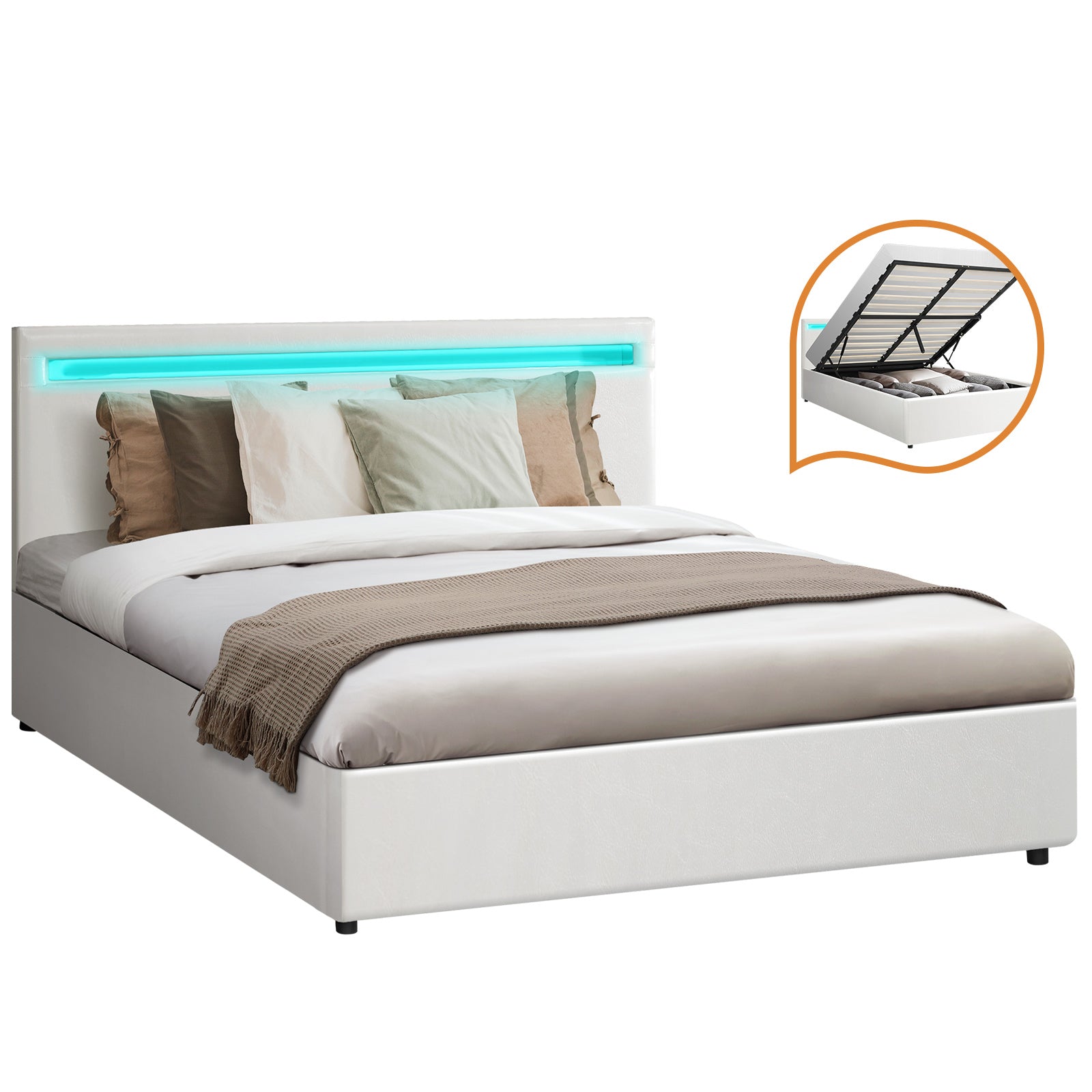 Oikiture Bed Frame Queen Size RGB LED Gas Lift Storage Base White - Sunyee