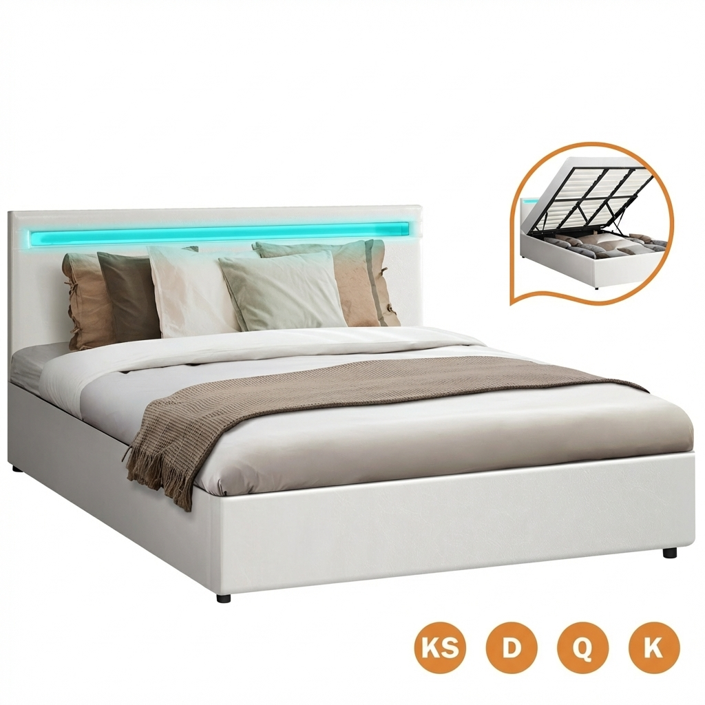 Oikiture Bed Frame Queen Double King Single RGB LED Gas Lift Base Storage White - Sunyee