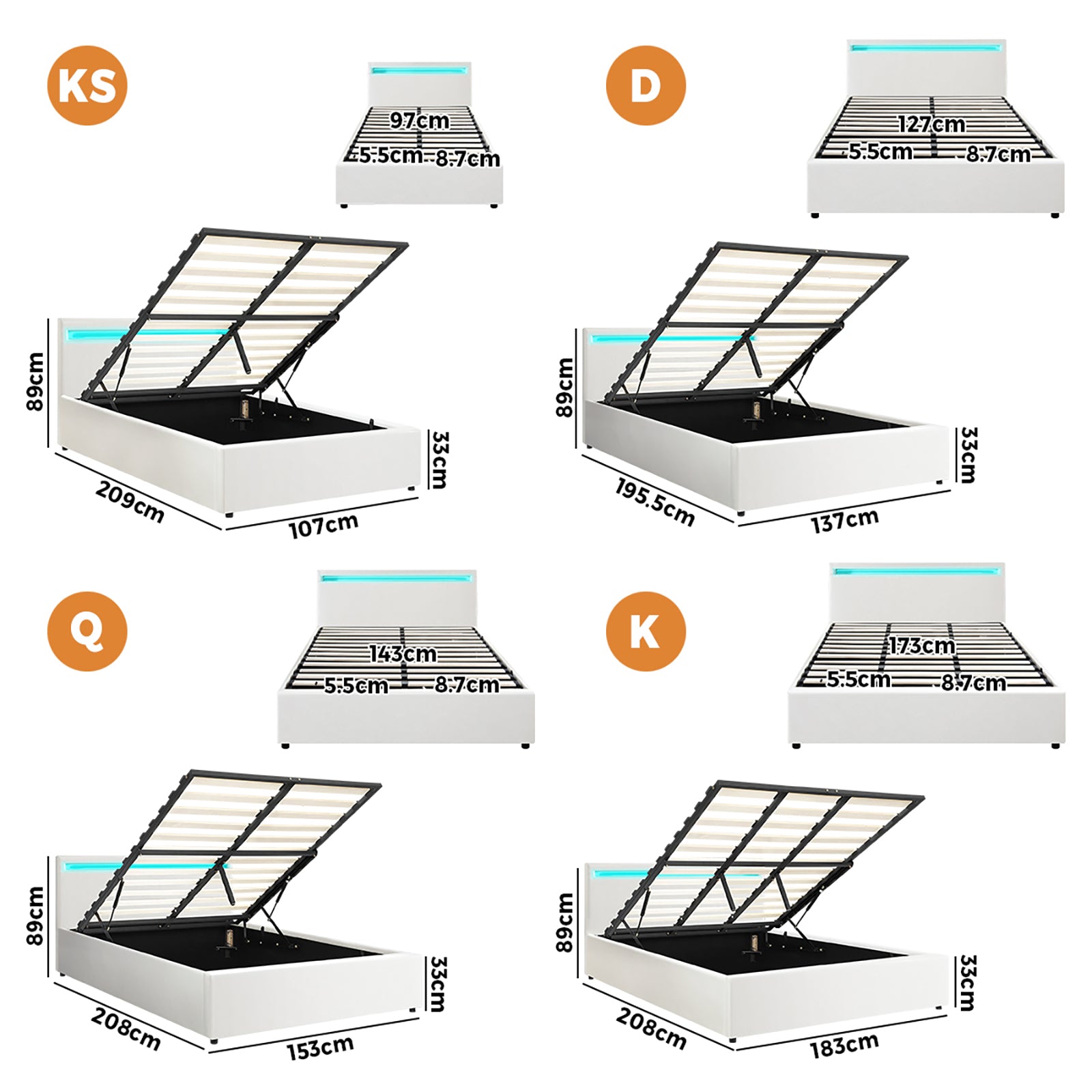 Oikiture Bed Frame Queen Double King Single RGB LED Gas Lift Base Storage White - Sunyee