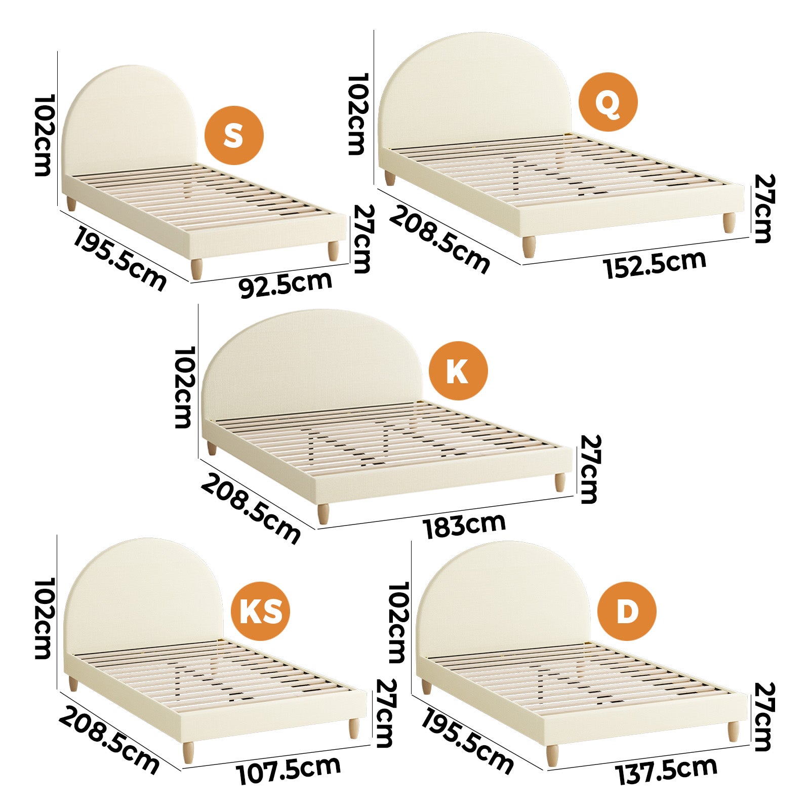 Oikiture Bed Frame Queen Double King Single Size Fabric Arched Beds Platform - Sunyee