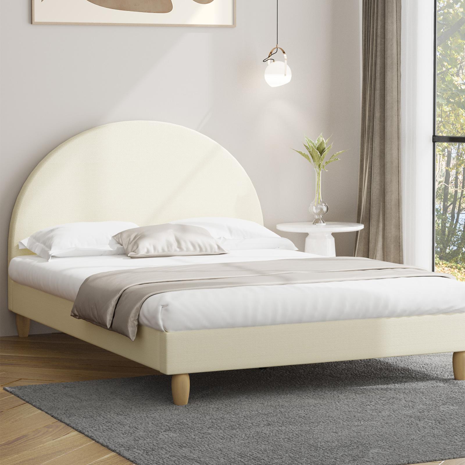 Oikiture Bed Frame Double Size Arched Beds Platform Beige Fabric - Sunyee