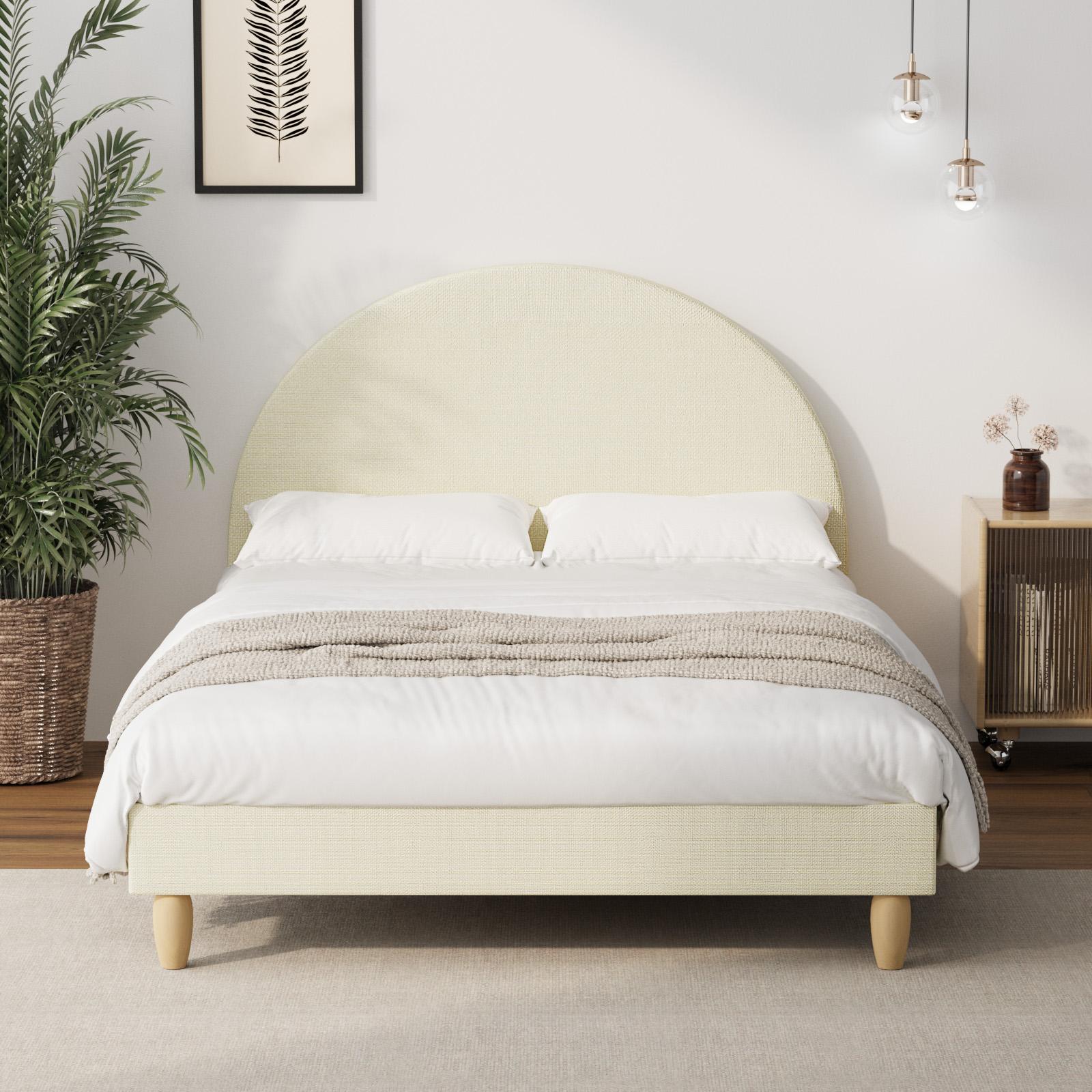 Oikiture Bed Frame Double Size Arched Beds Platform Beige Fabric - Sunyee