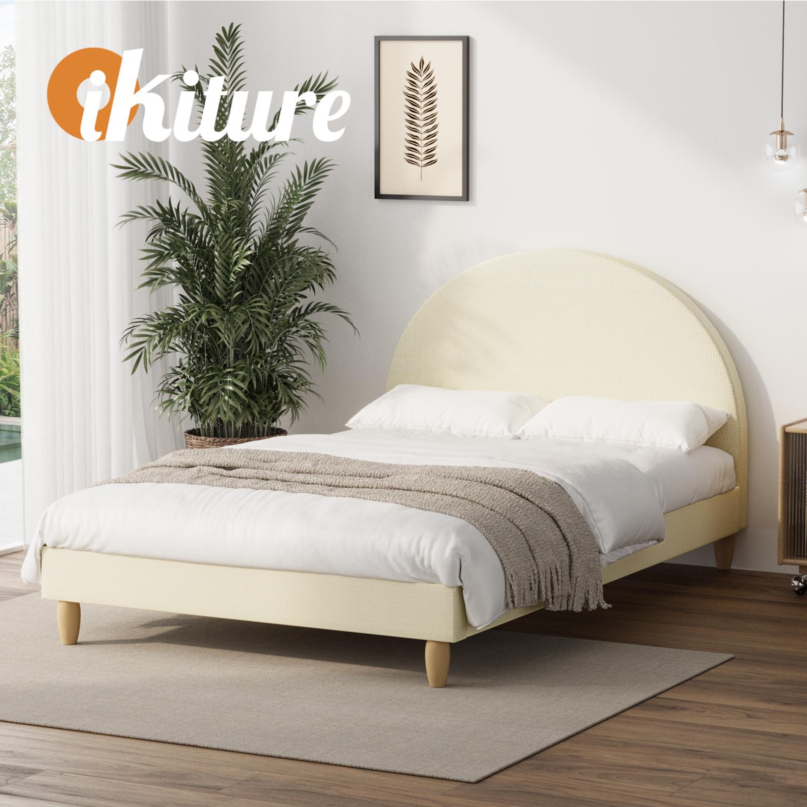 Oikiture Bed Frame Double Size Arched Beds Platform Beige Fabric - Sunyee
