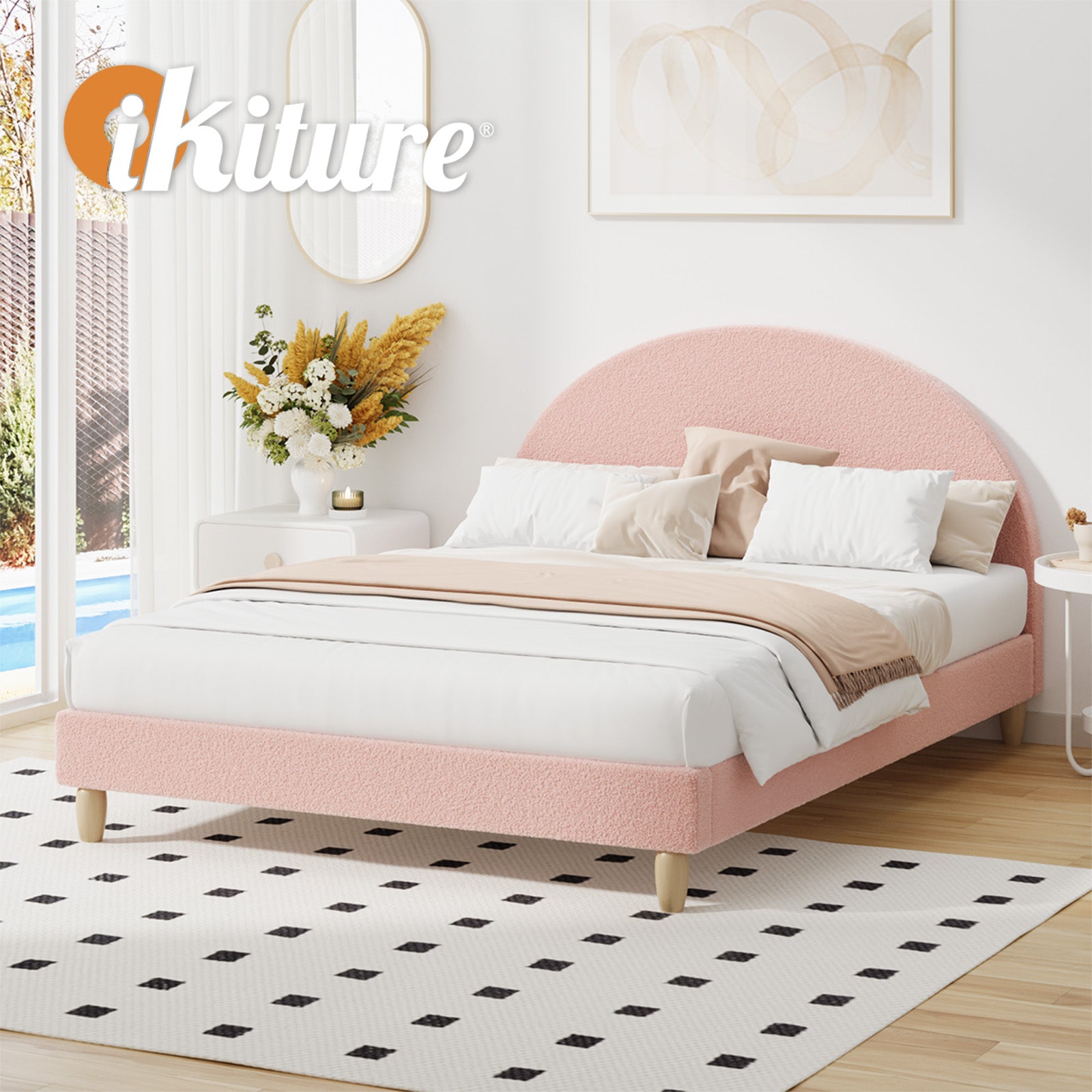Oikiture Bed Frame Double Size Bed Platform Arched Bedhead Pink Boucle - Sunyee
