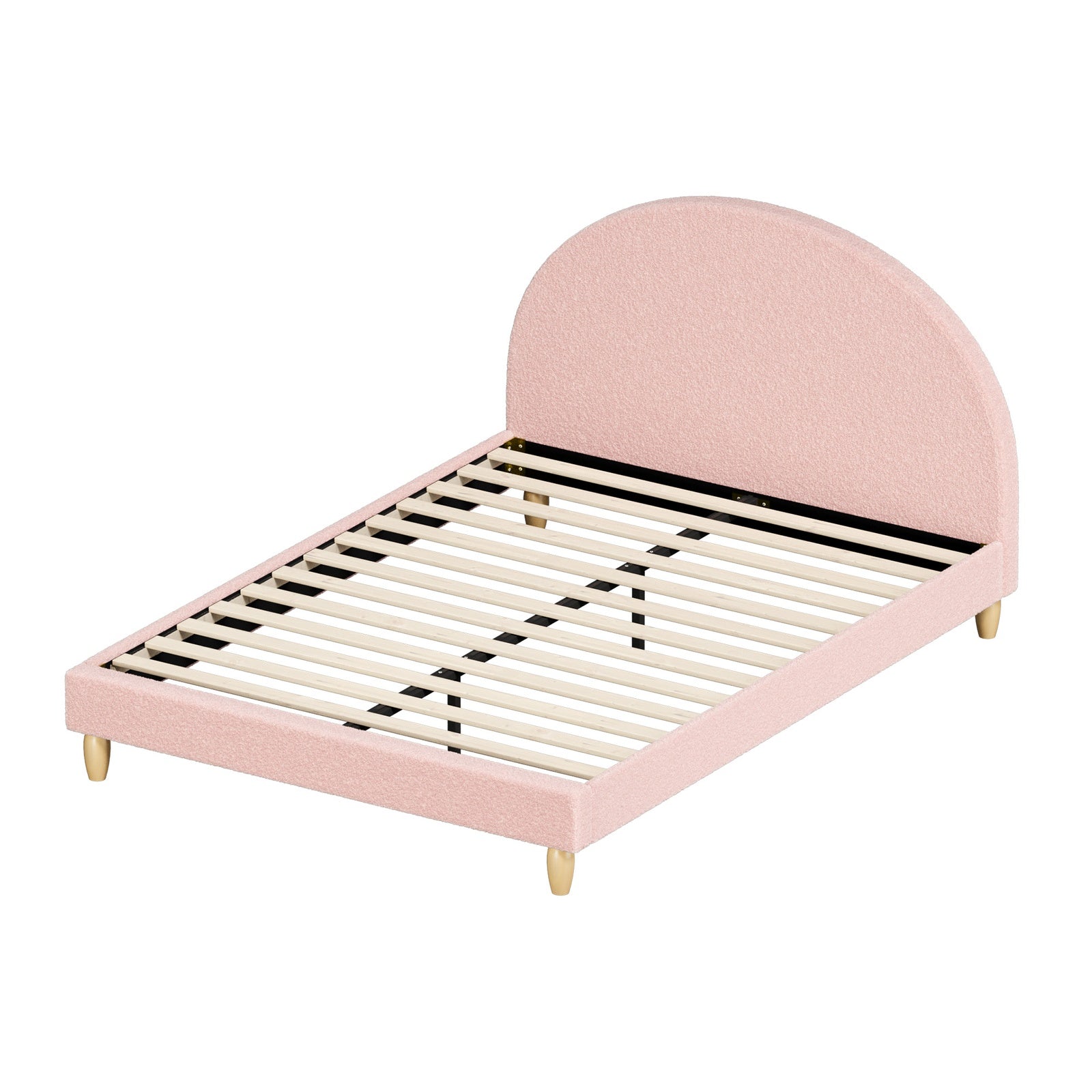 Oikiture Bed Frame Double Size Bed Platform Arched Bedhead Pink Boucle - Sunyee
