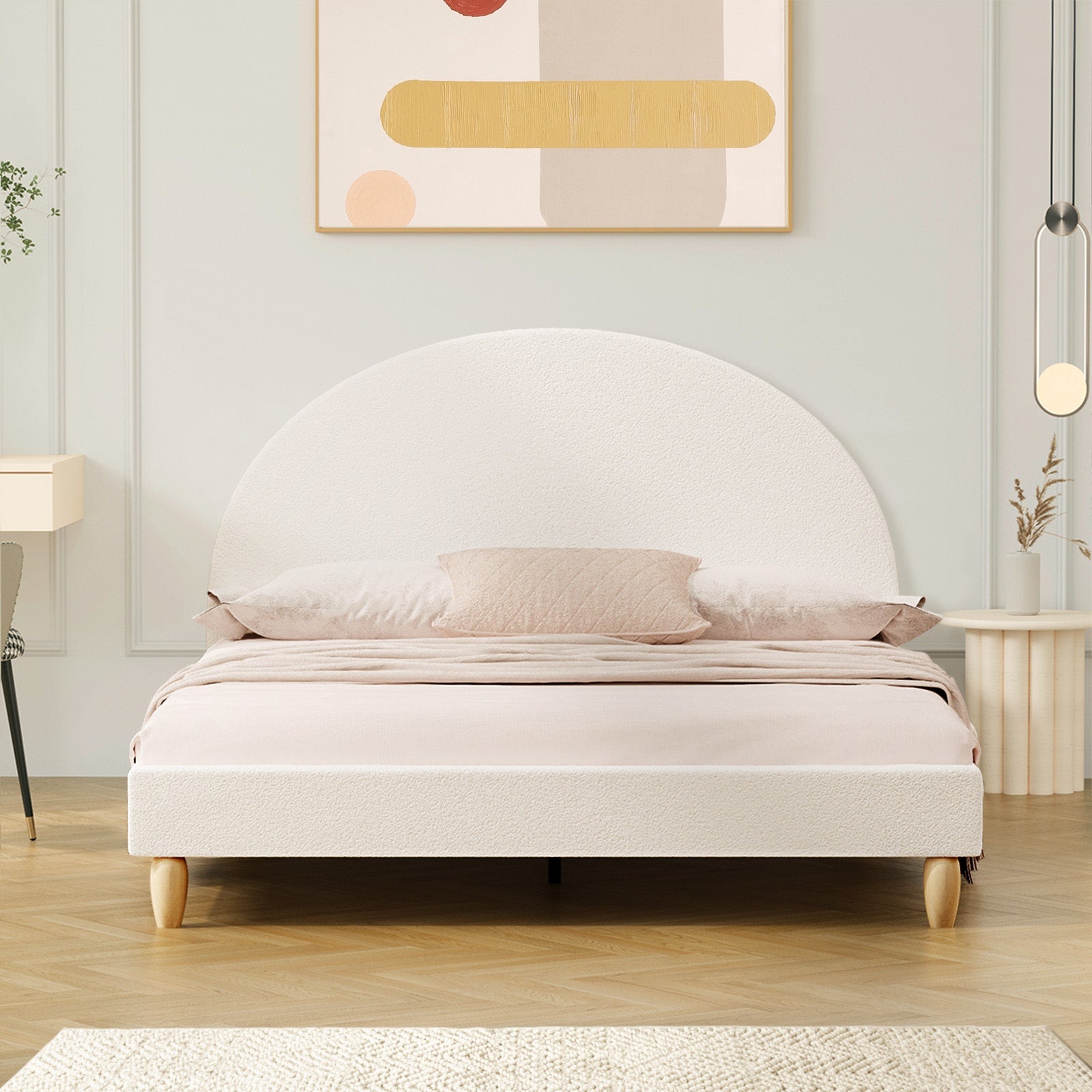 Oikiture Bed Frame Double Size Boucle Fabric Arched Beds Platform - Sunyee