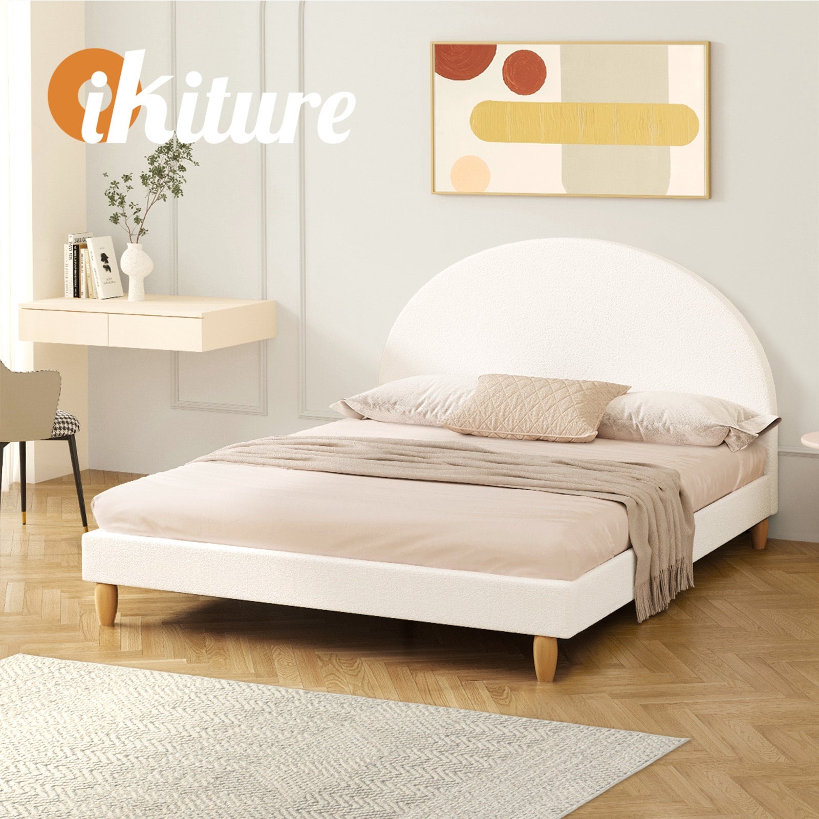 Oikiture Bed Frame Double Size Boucle Fabric Arched Beds Platform - Sunyee