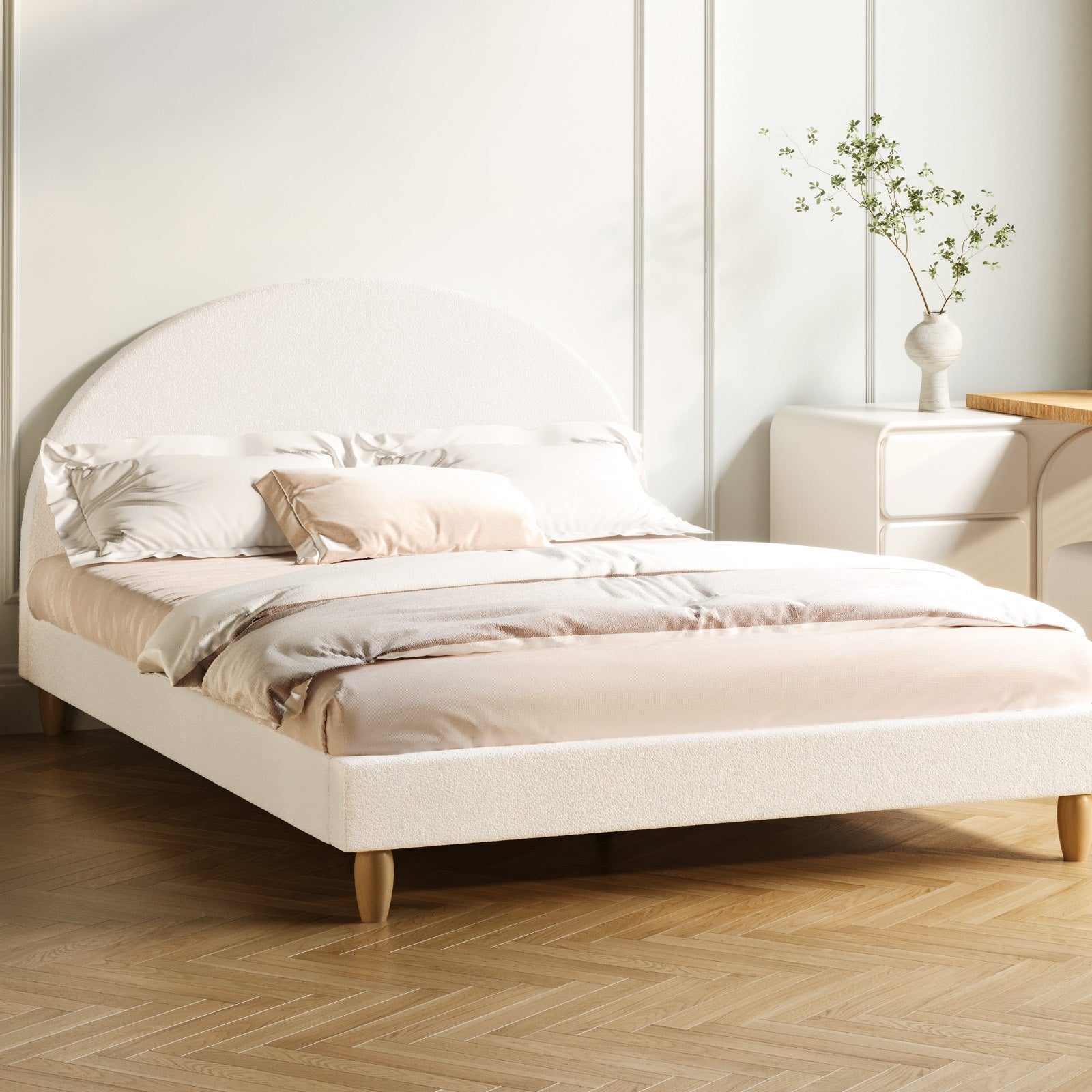 Oikiture Bed Frame Double Size Boucle Fabric Arched Beds Platform - Sunyee