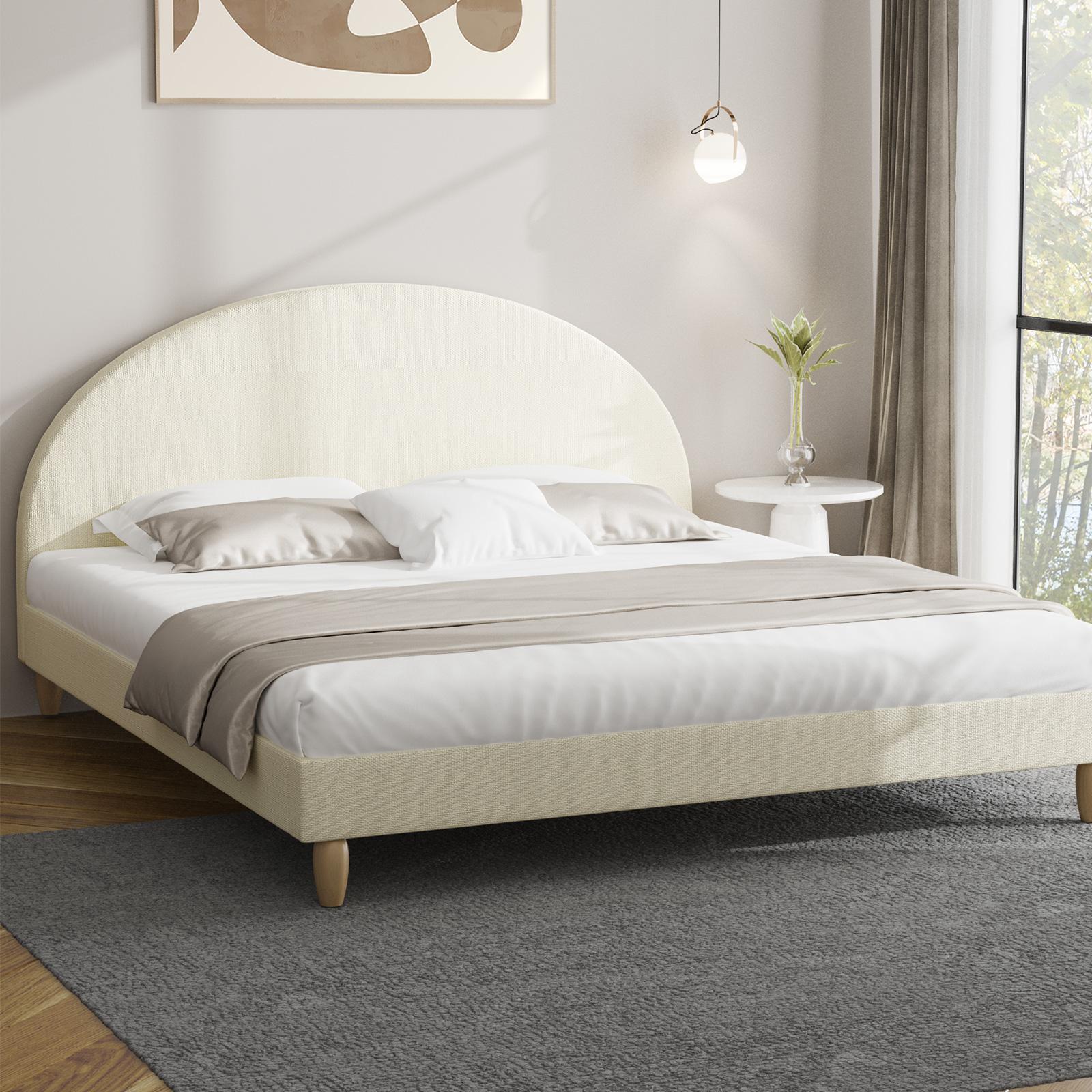 Oikiture Bed Frame King Size Arched Beds Platform Beige Fabric - Sunyee