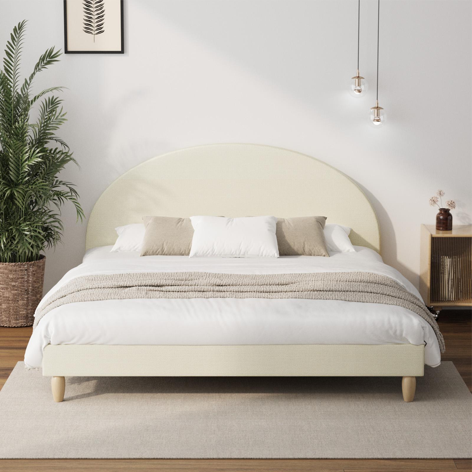 Oikiture Bed Frame King Size Arched Beds Platform Beige Fabric - Sunyee