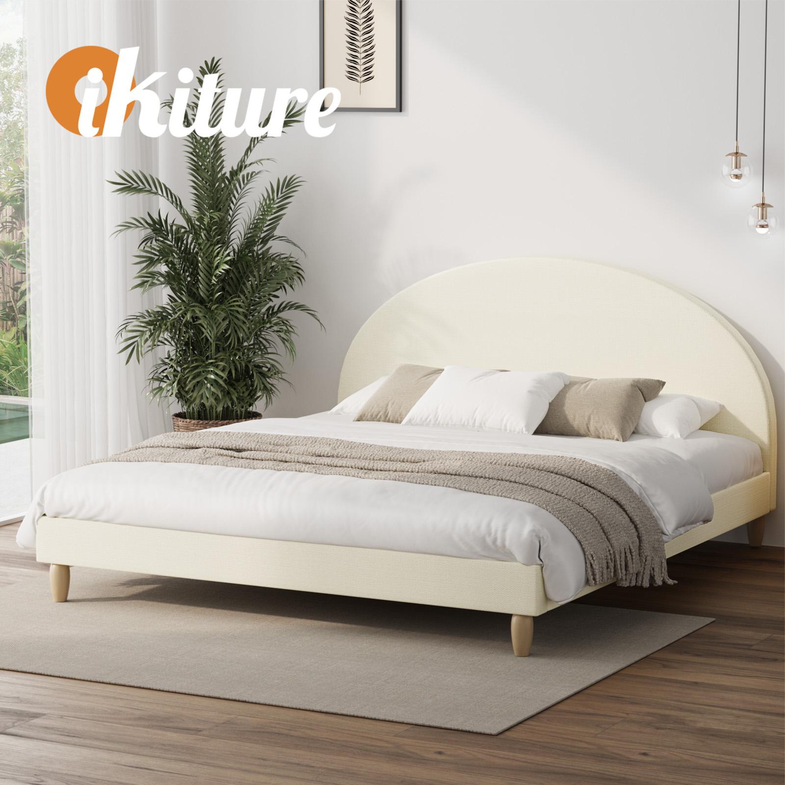 Oikiture Bed Frame King Size Arched Beds Platform Beige Fabric - Sunyee