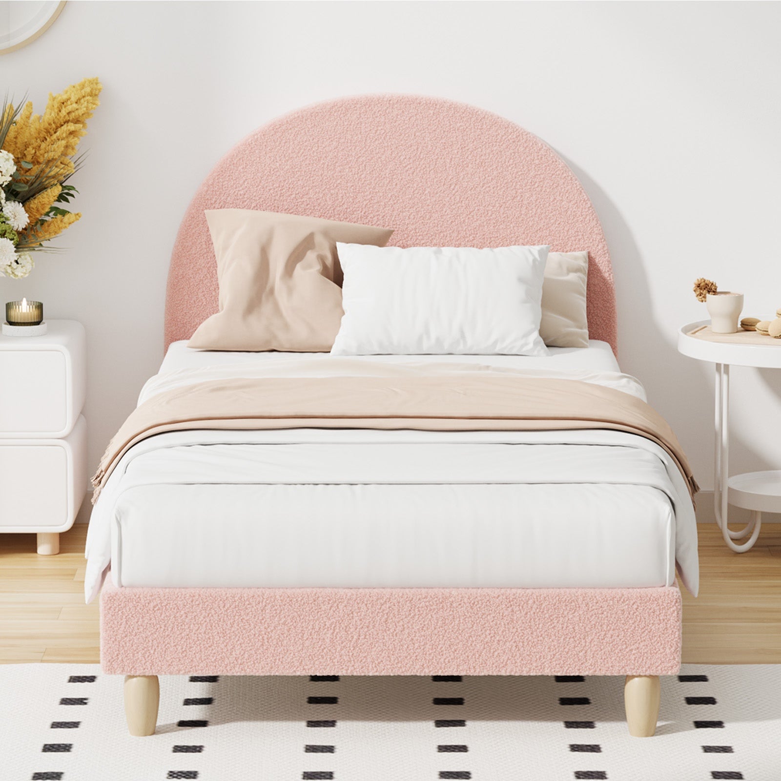 Oikiture Bed Frame King Single Size Bed Platform Arched Bedhead Pink Boucle - Sunyee