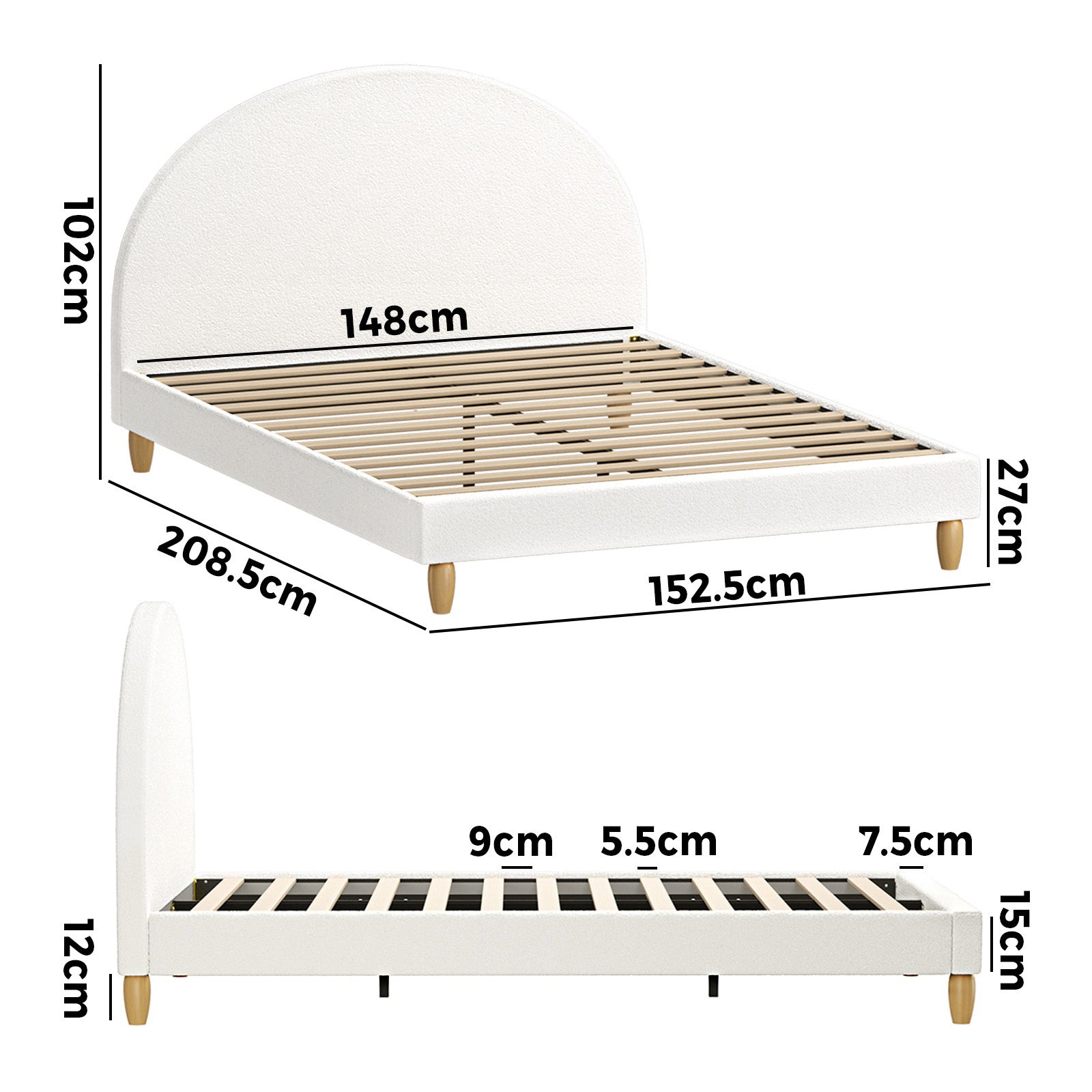 Oikiture Bed Frame Queen Size Boucle Fabric Arched Beds Platform - Sunyee