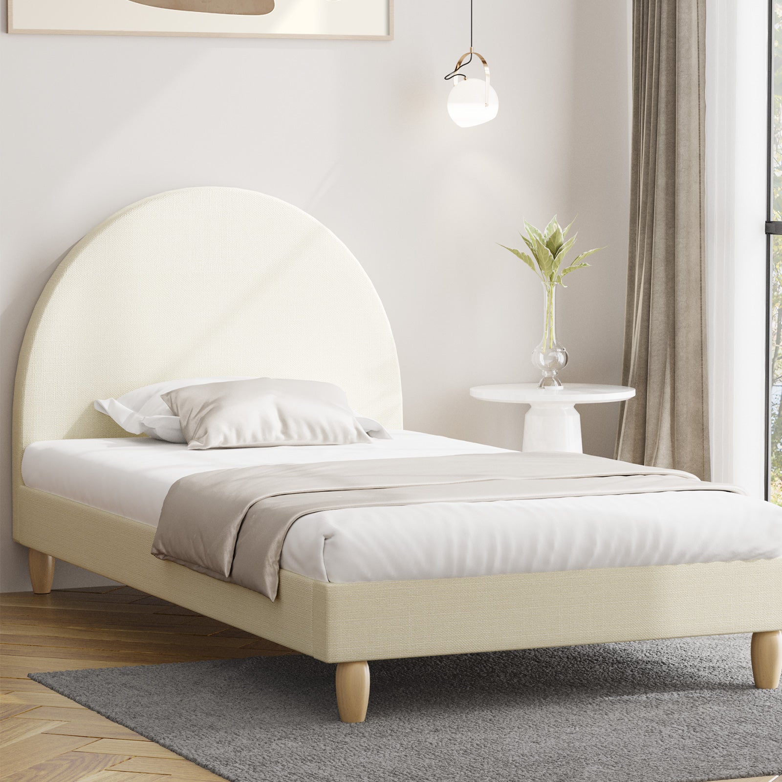 Oikiture Bed Frame Single Size Arched Beds Platform Beige Fabric - Sunyee