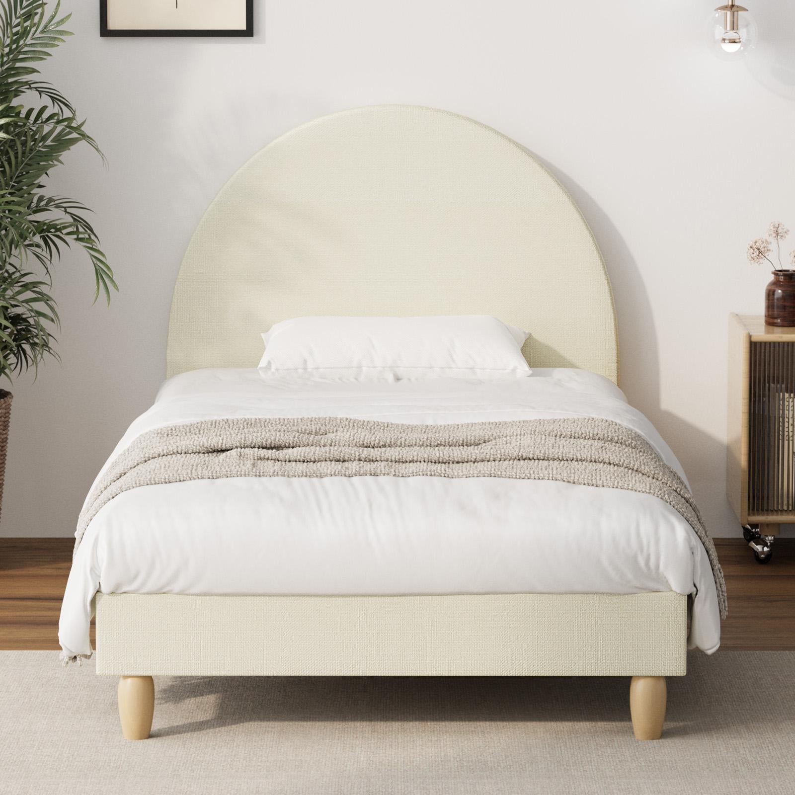 Oikiture Bed Frame Single Size Arched Beds Platform Beige Fabric - Sunyee
