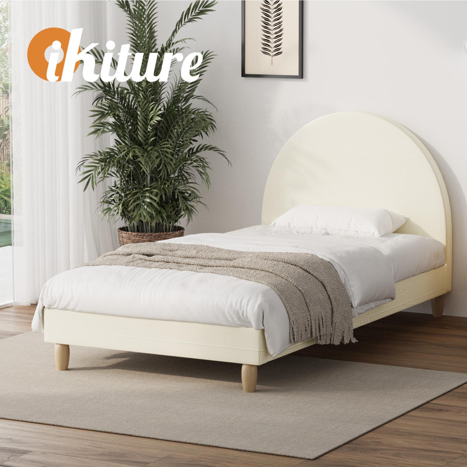 Oikiture Bed Frame Single Size Arched Beds Platform Beige Fabric - Sunyee
