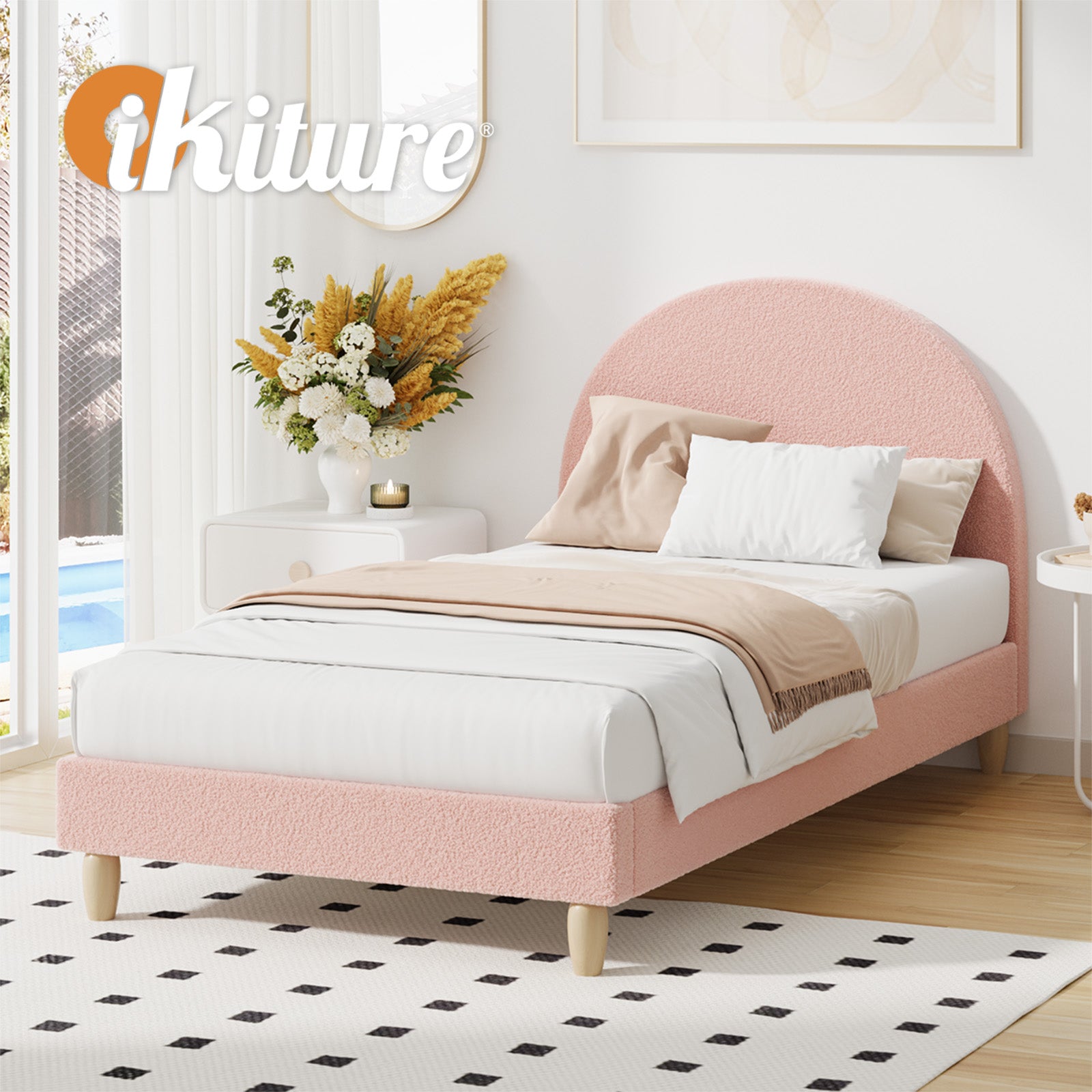 Oikiture Bed Frame Single Size Bed Platform Arched Bedhead Pink Boucle - Sunyee
