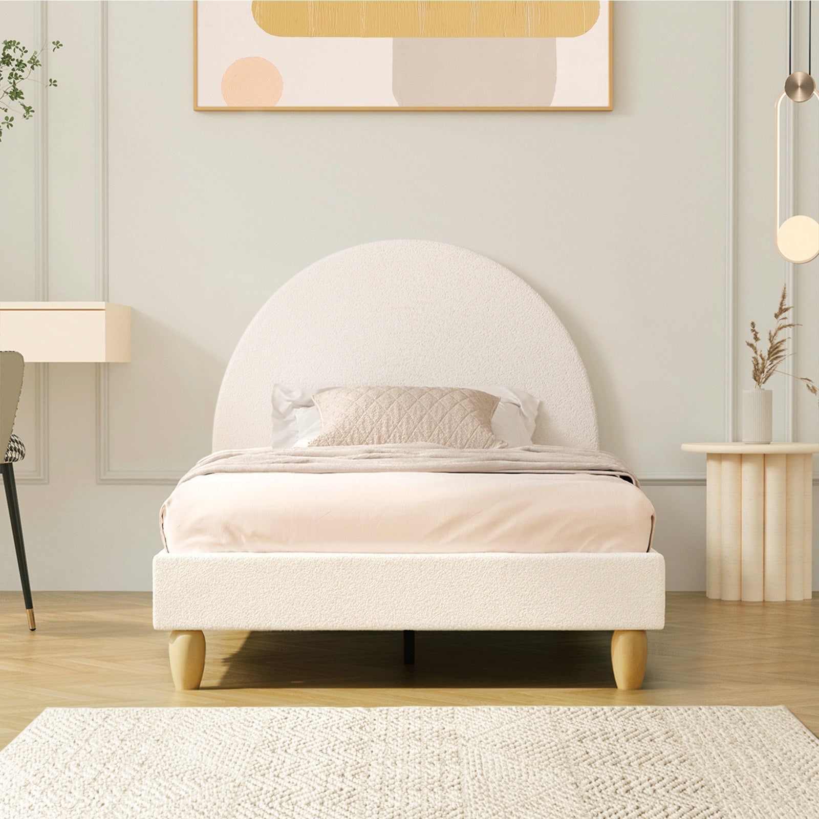 Oikiture Bed Frame Single Size Boucle Fabric Arched Beds Platform - Sunyee