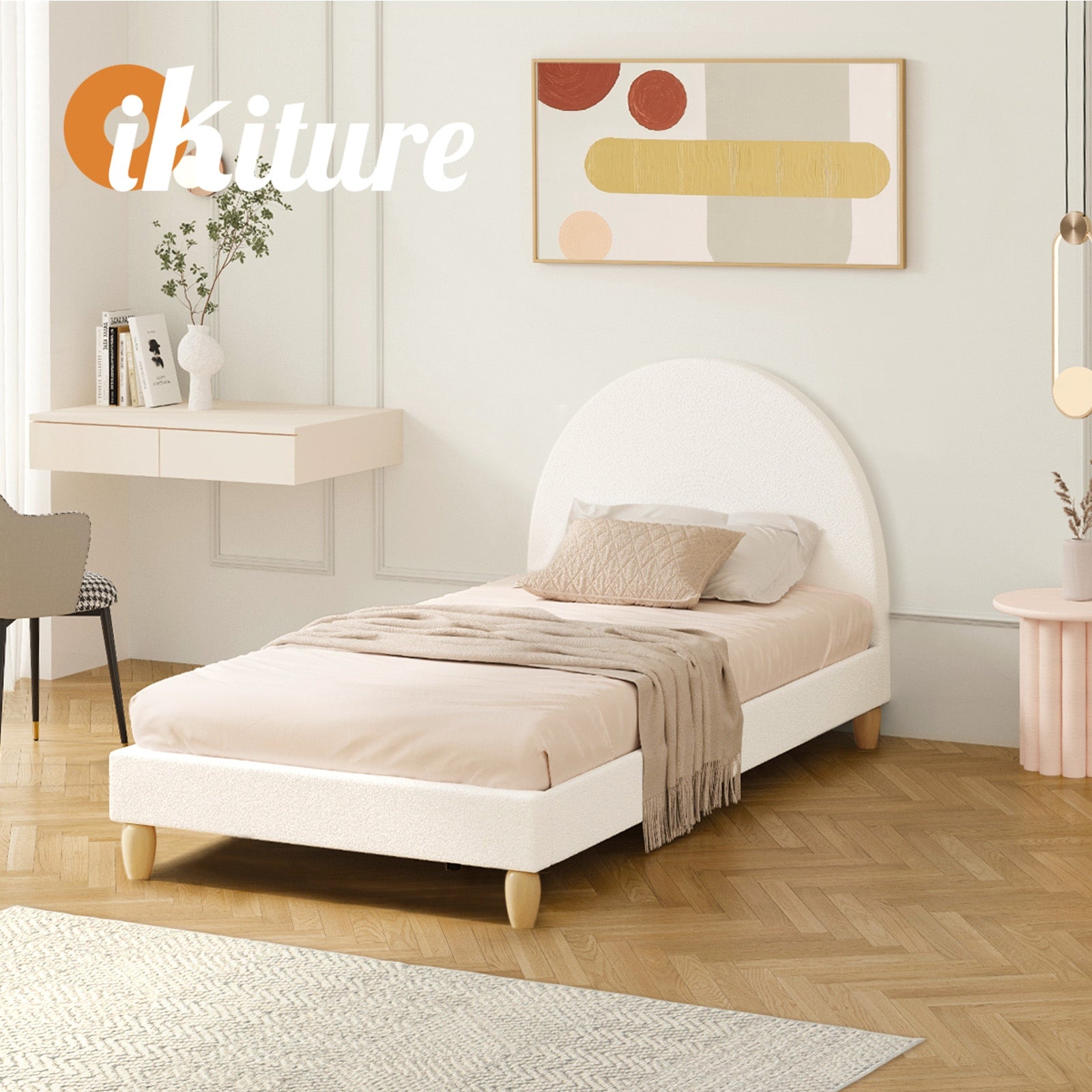 Oikiture Bed Frame Single Size Boucle Fabric Arched Beds Platform - Sunyee