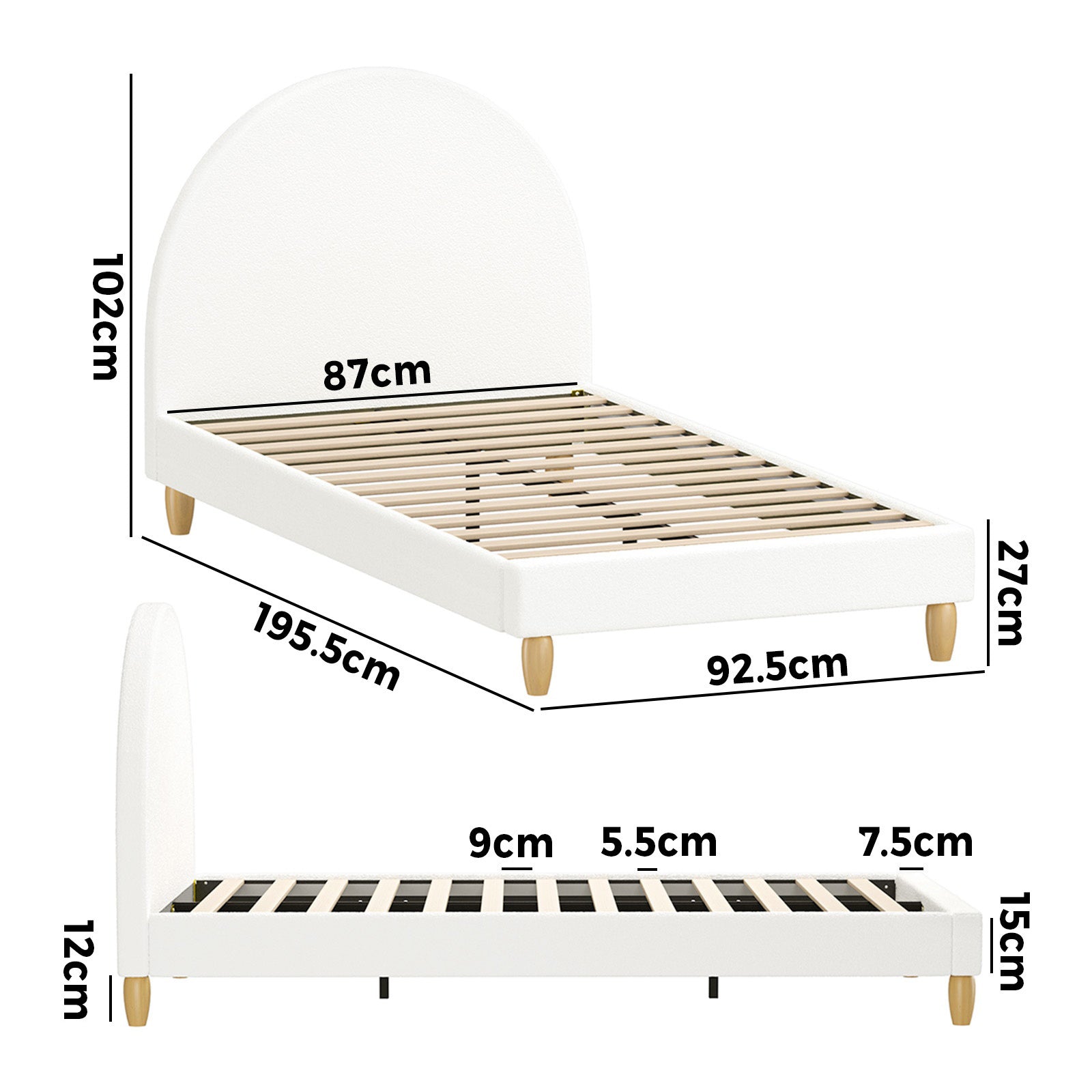 Oikiture Bed Frame Single Size Boucle Fabric Arched Beds Platform - Sunyee