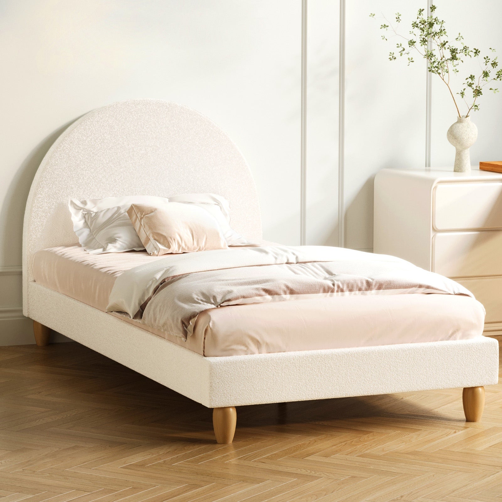 Oikiture Bed Frame Single Size Boucle Fabric Arched Beds Platform - Sunyee