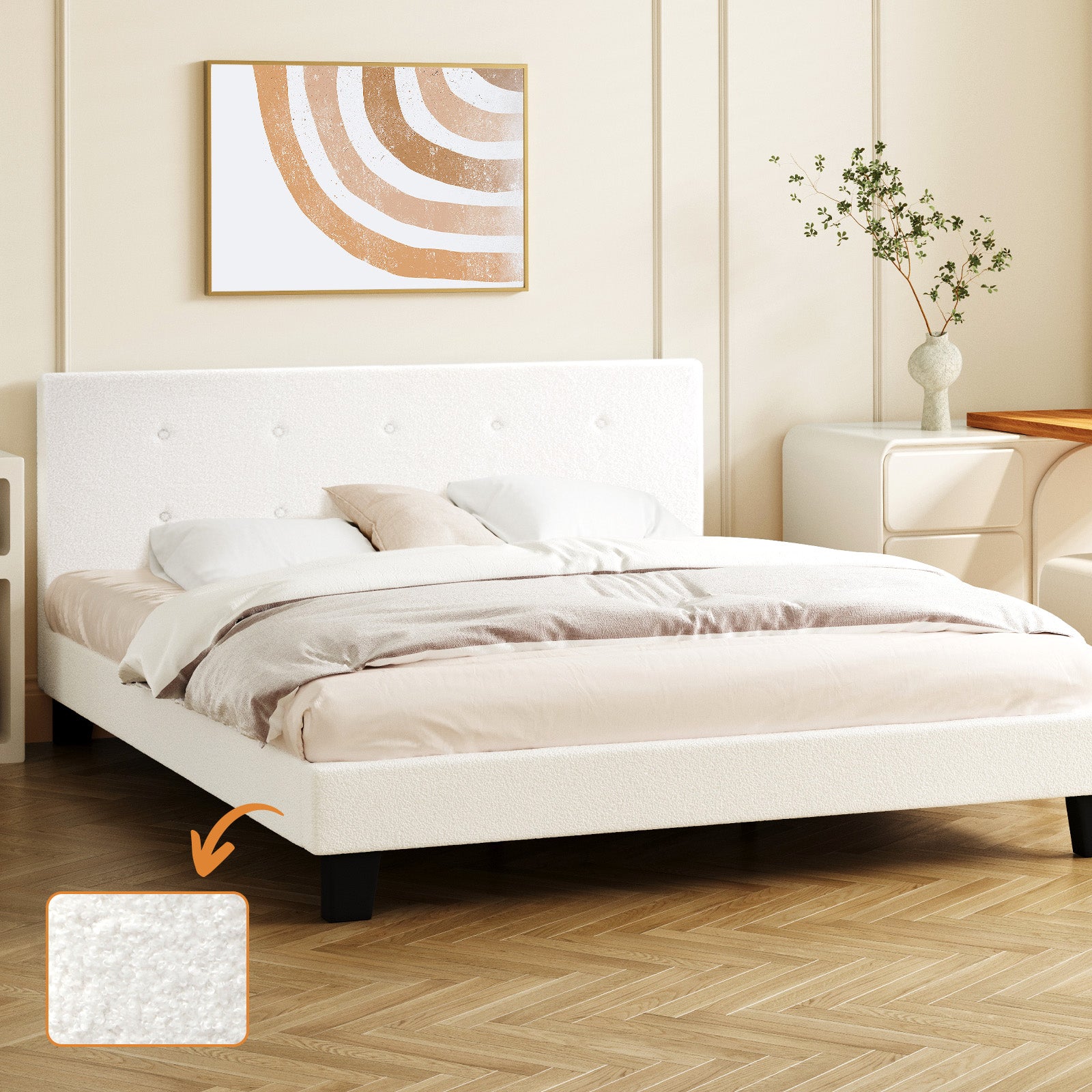 Oikiture Bed Frame Double Size Bed Platform White Boucle - Sunyee