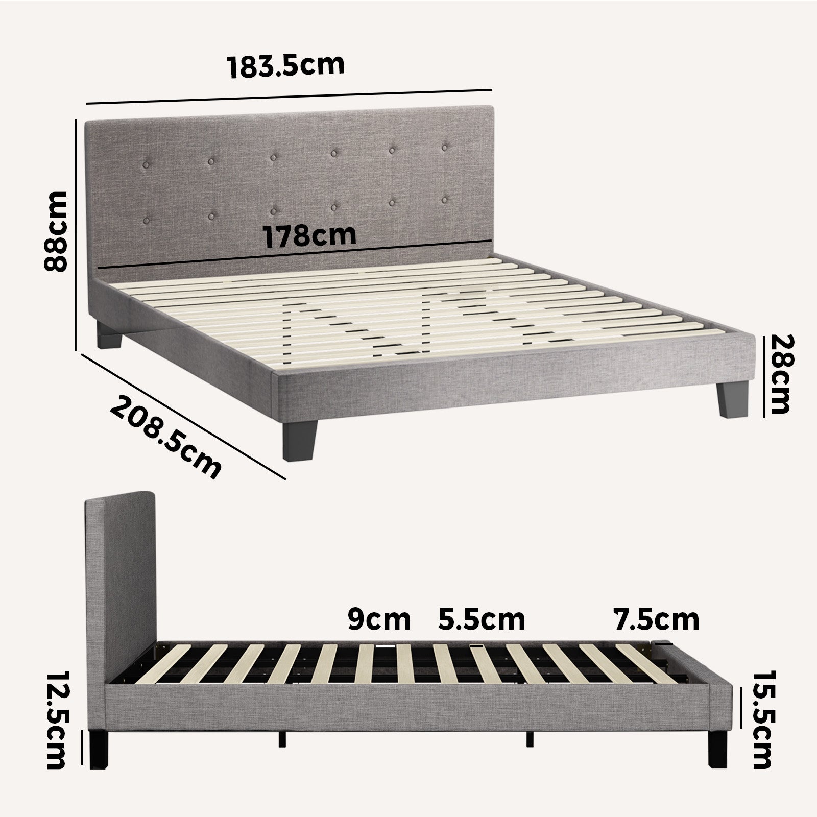 Oikiture Bed Frame King Size Bed Platform Wooden Fabric Grey - Sunyee