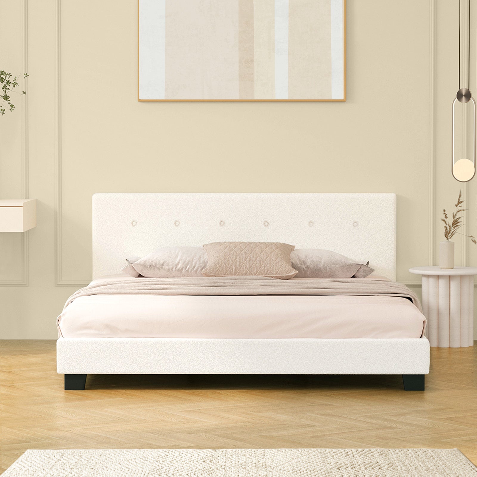 Oikiture Bed Frame King Size Bed Platform White Boucle - Sunyee