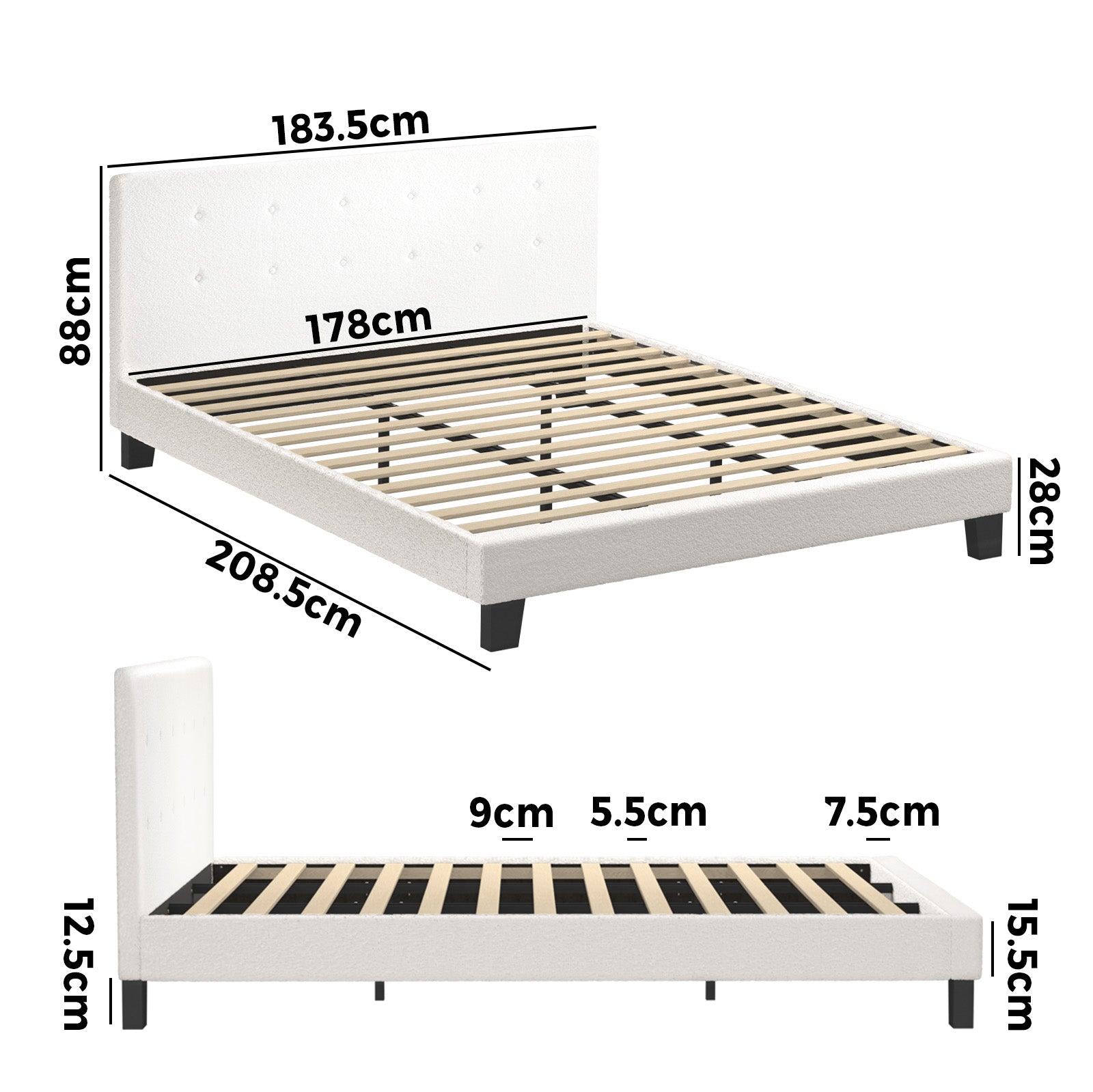 Oikiture Bed Frame King Size Bed Platform White Boucle - Sunyee