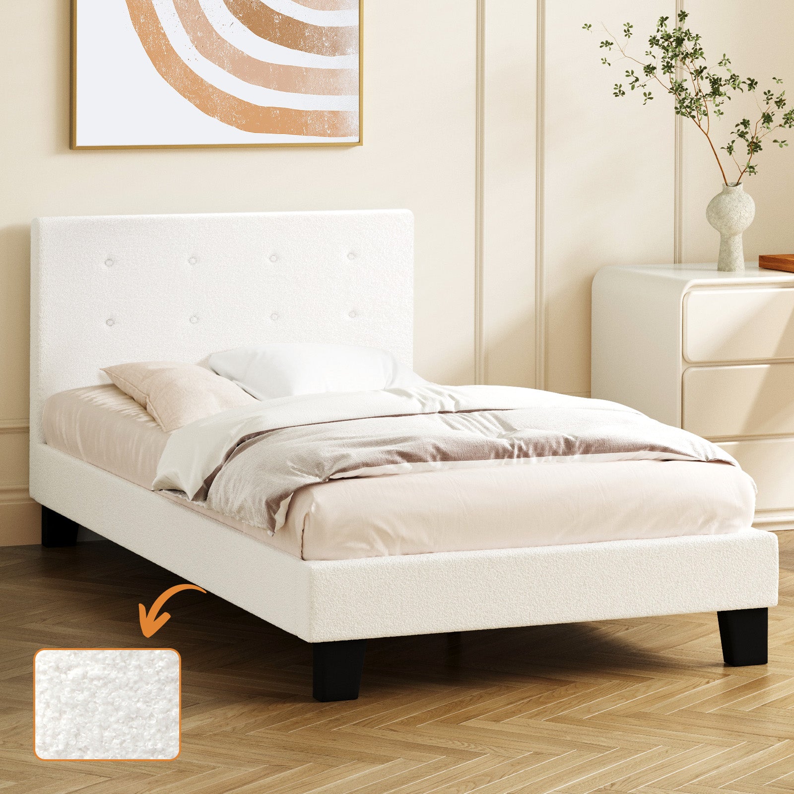 Oikiture Bed Frame King Single Bed Platform White Boucle - Sunyee