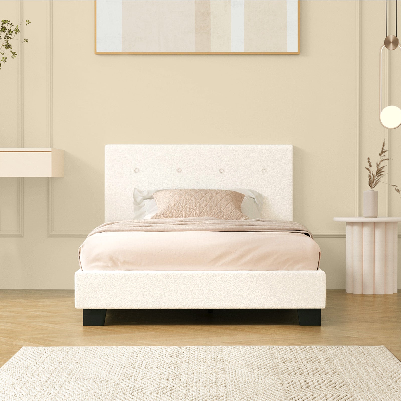 Oikiture Bed Frame King Single Bed Platform White Boucle - Sunyee