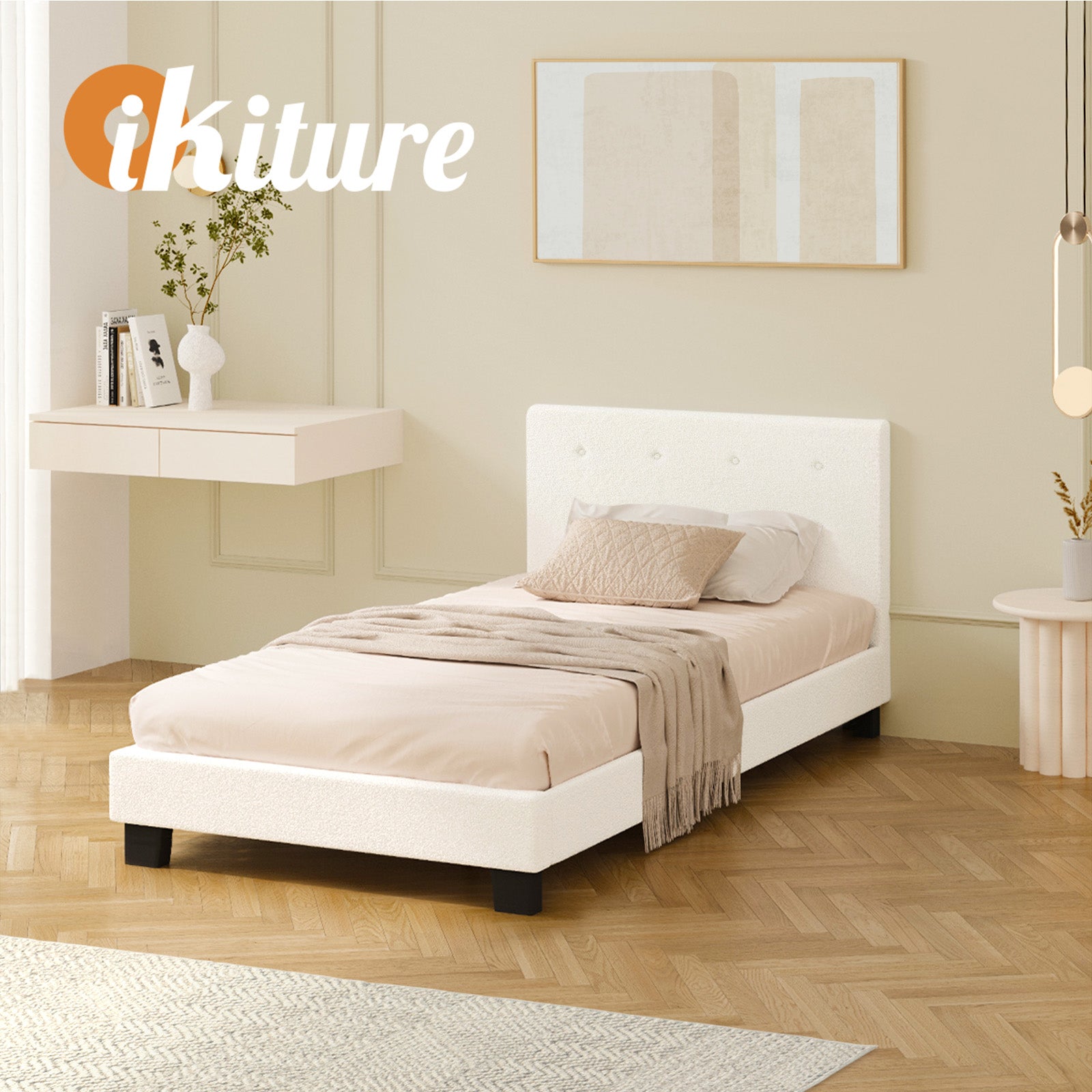Oikiture Bed Frame King Single Bed Platform White Boucle - Sunyee