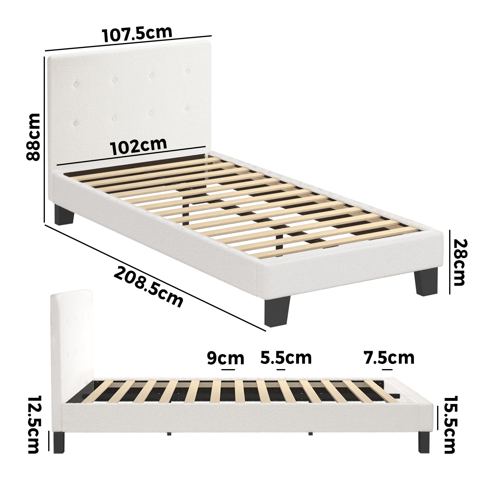 Oikiture Bed Frame King Single Bed Platform White Boucle - Sunyee