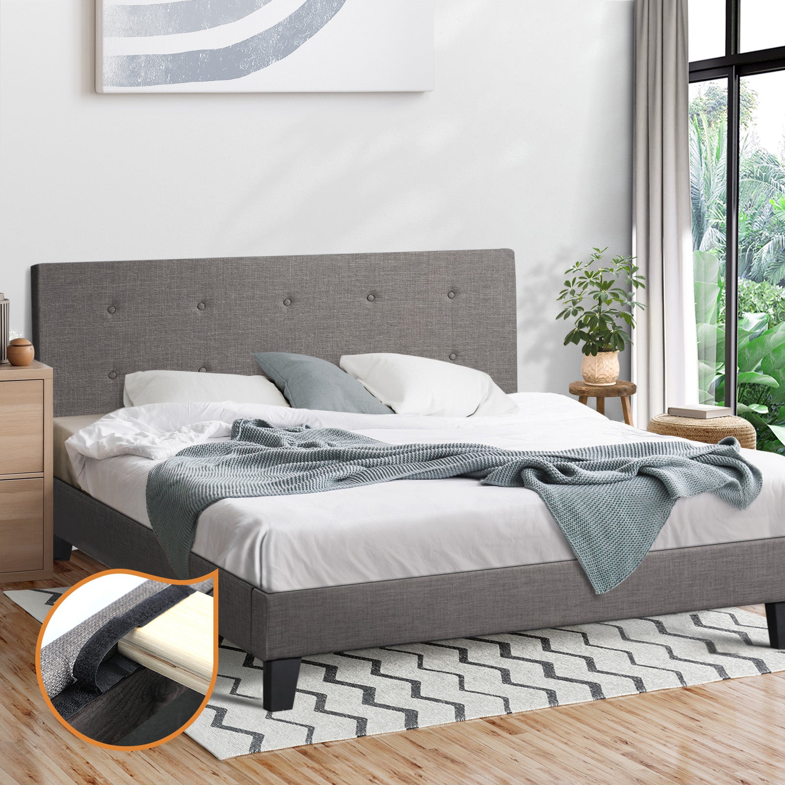 Oikiture Bed Frame Queen Size Bed Platform Wooden Fabric Grey - Sunyee