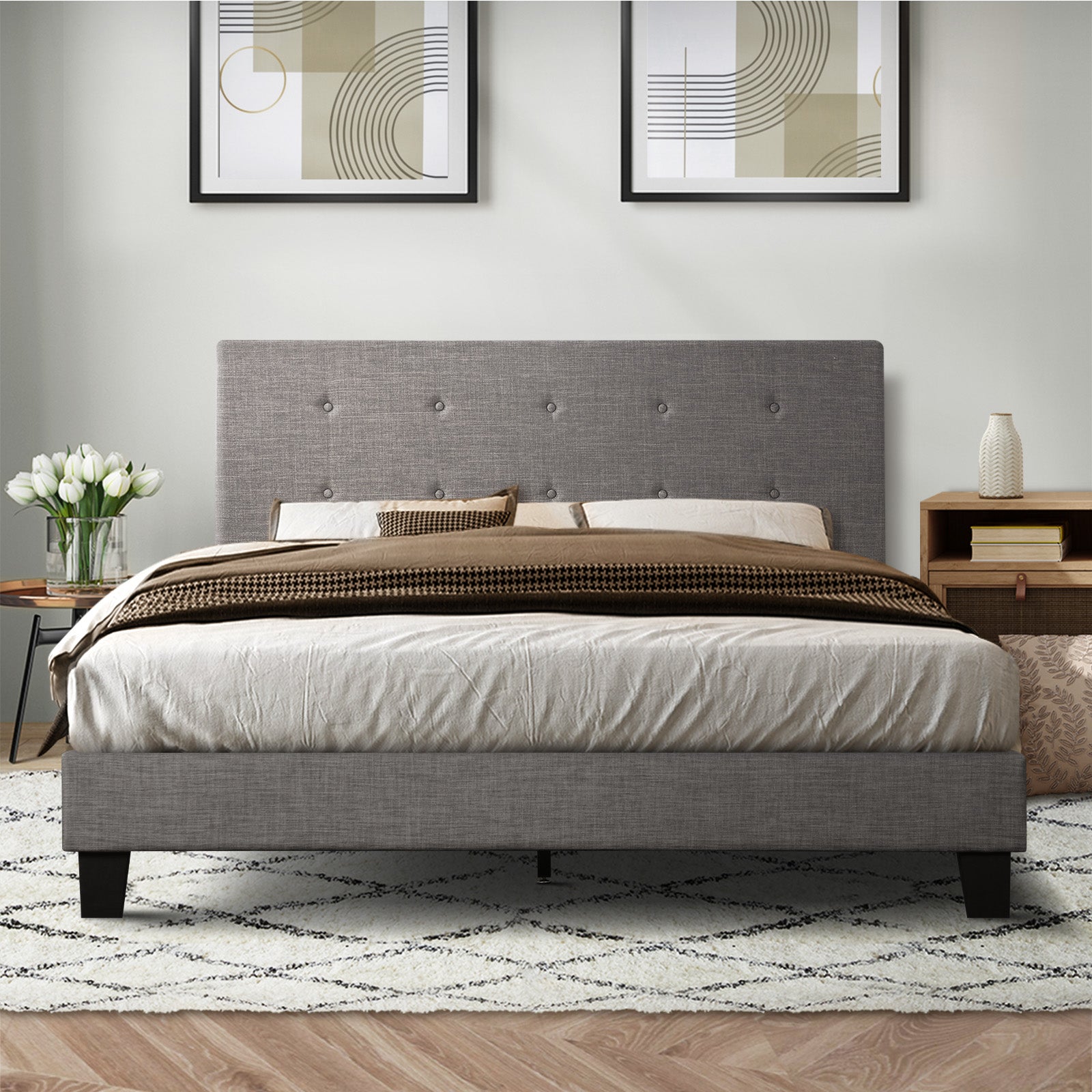 Oikiture Bed Frame Queen Size Bed Platform Wooden Fabric Grey - Sunyee