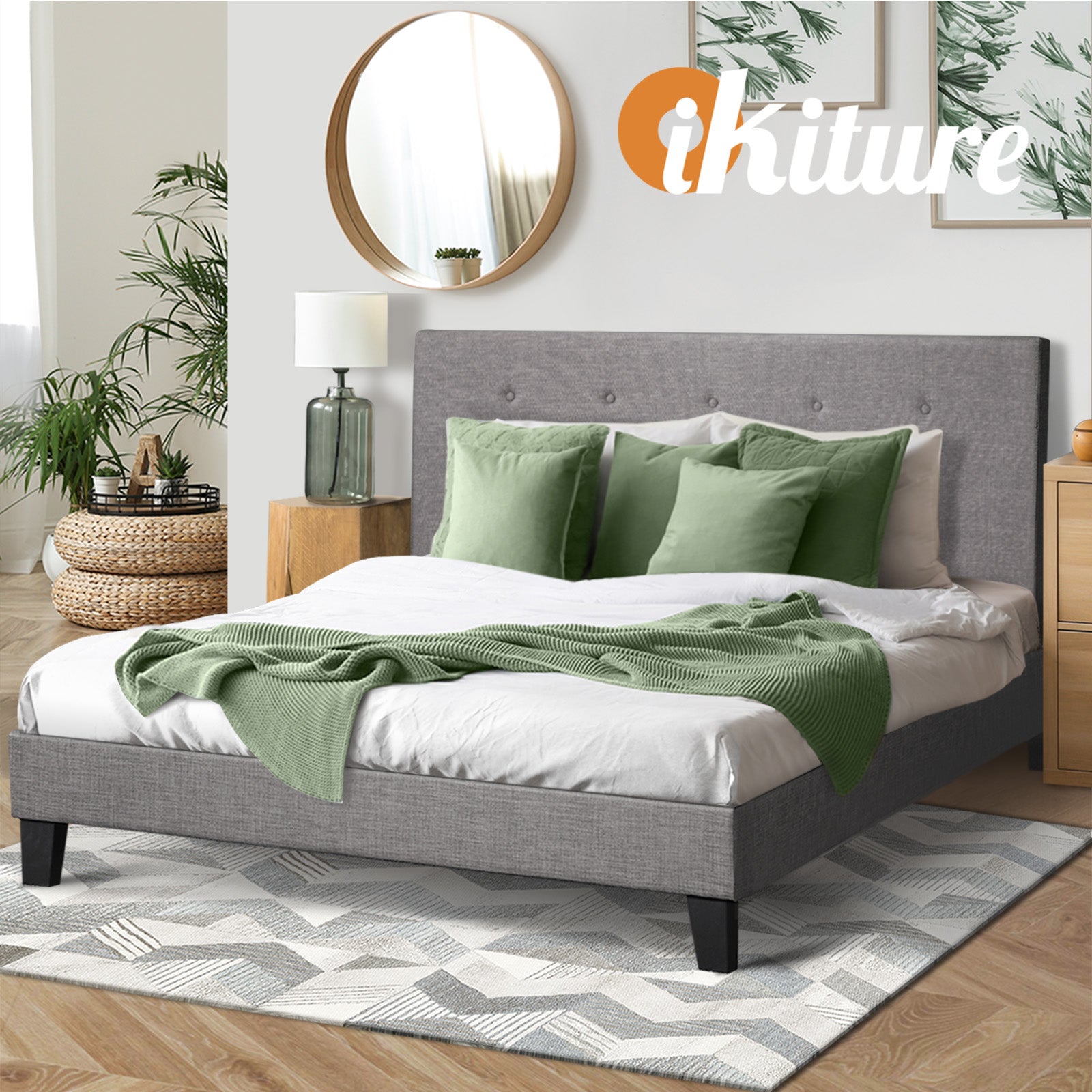 Oikiture Bed Frame Queen Size Bed Platform Wooden Fabric Grey - Sunyee