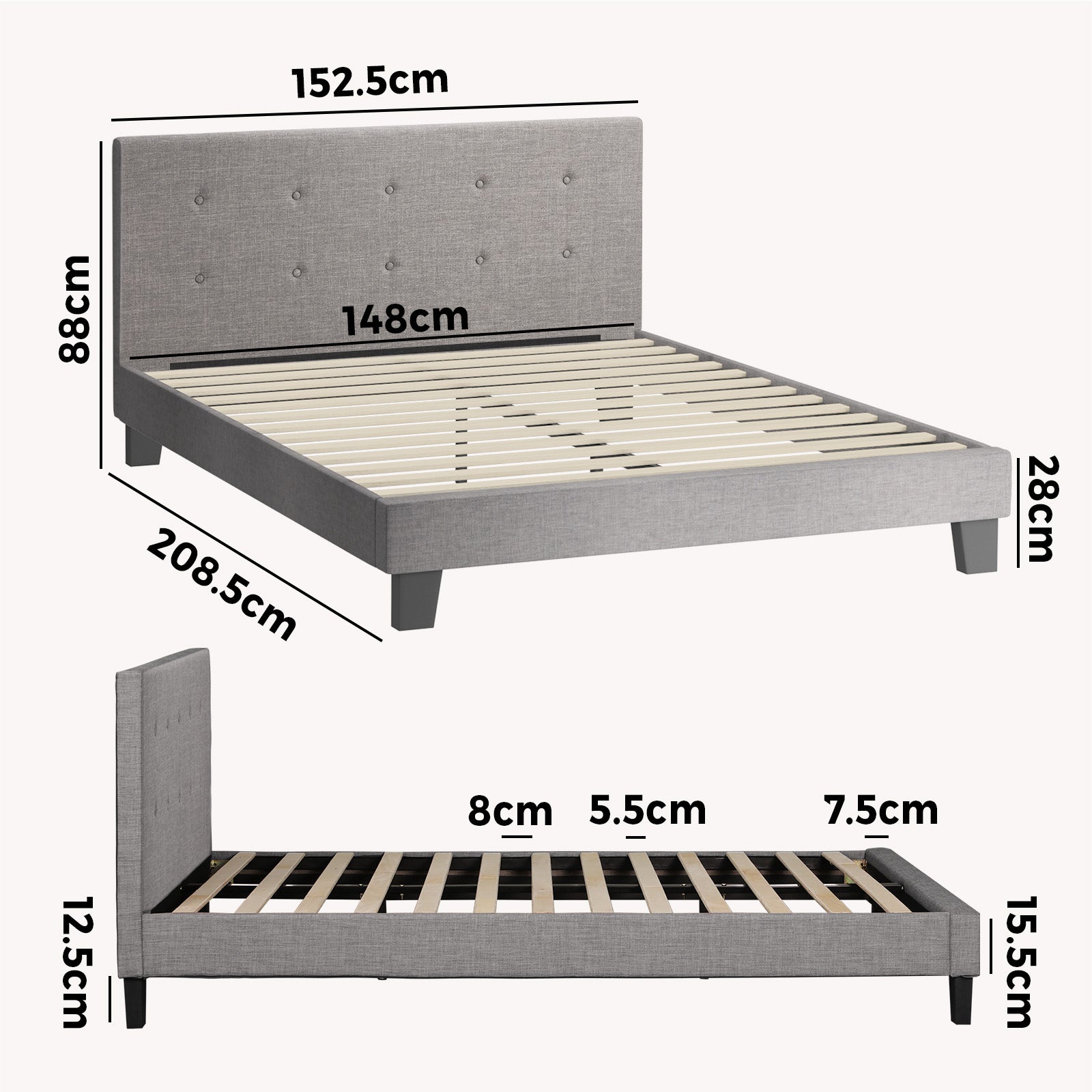 Oikiture Bed Frame Queen Size Bed Platform Wooden Fabric Grey - Sunyee