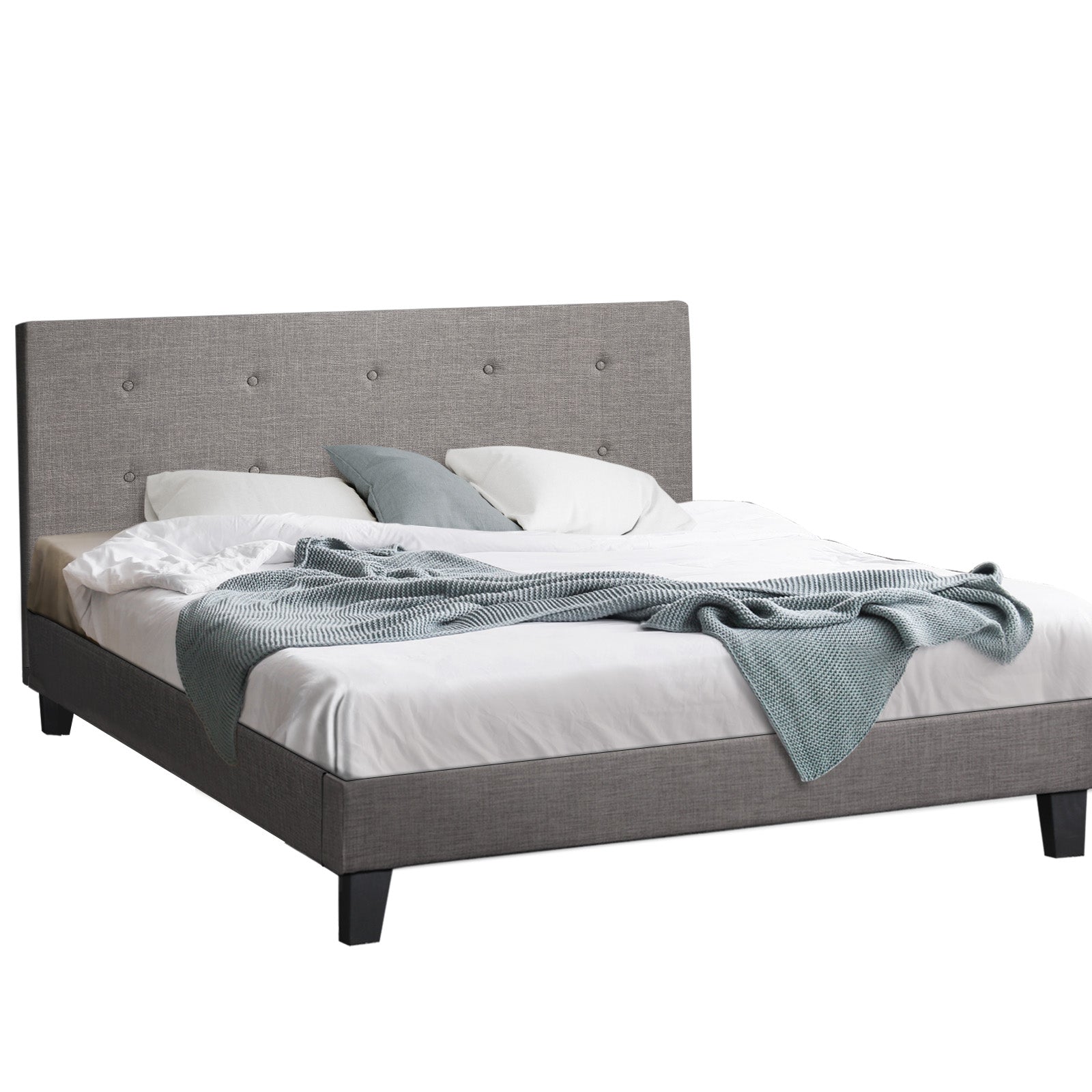 Oikiture Bed Frame Queen Size Bed Platform Wooden Fabric Grey - Sunyee