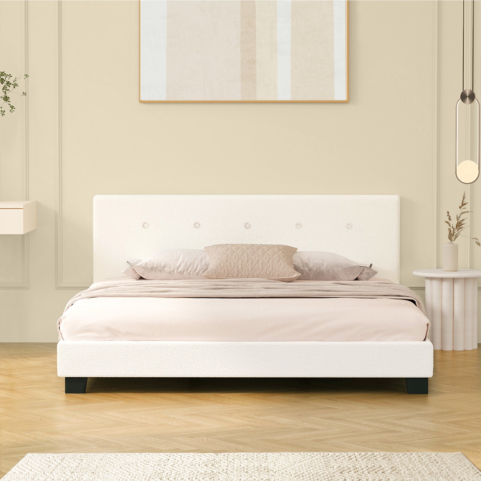 Oikiture Bed Frame Queen Size Bed Platform White Boucle - Sunyee