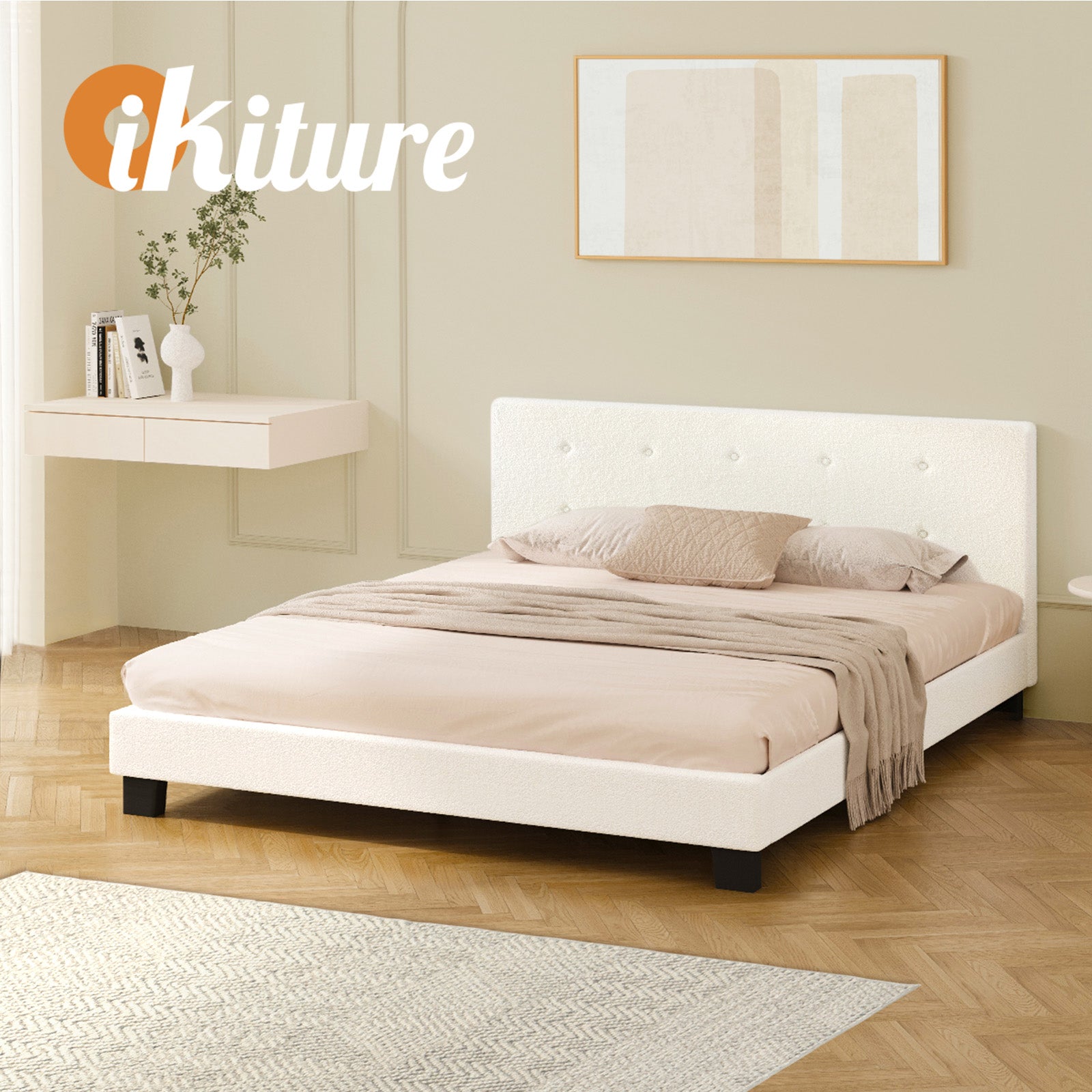Oikiture Bed Frame Queen Size Bed Platform White Boucle - Sunyee