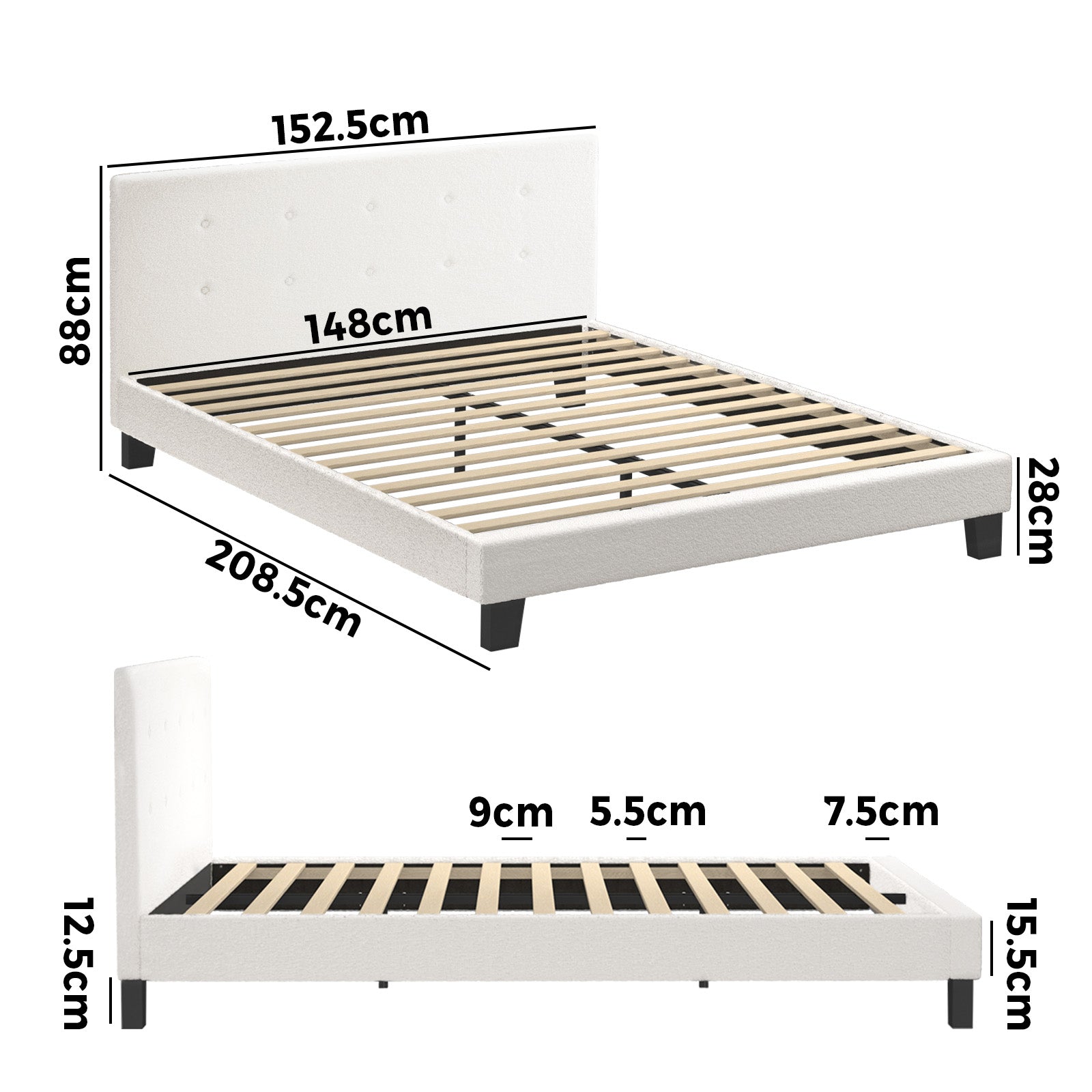 Oikiture Bed Frame Queen Size Bed Platform White Boucle - Sunyee