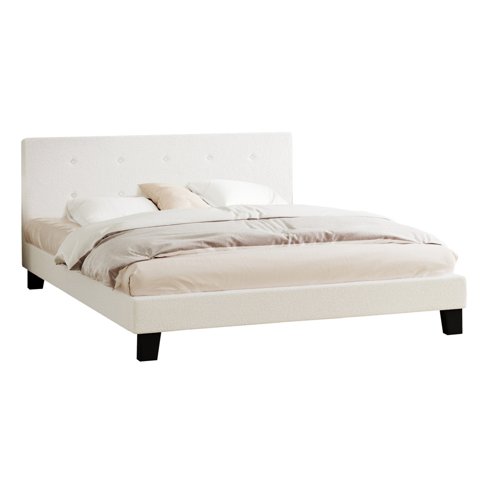 Oikiture Bed Frame Queen Size Bed Platform White Boucle - Sunyee
