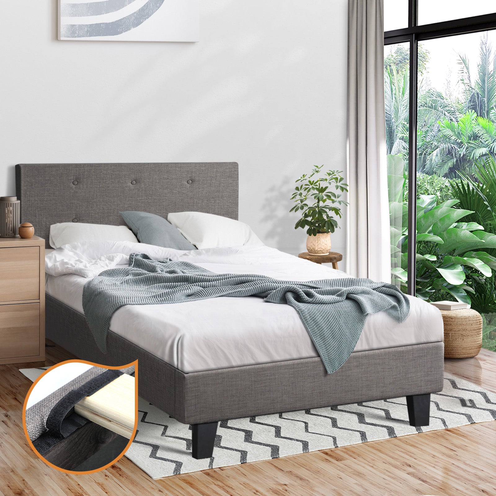 Oikiture Bed Frame Single Size Bed Platform Wooden Fabric Grey - Sunyee