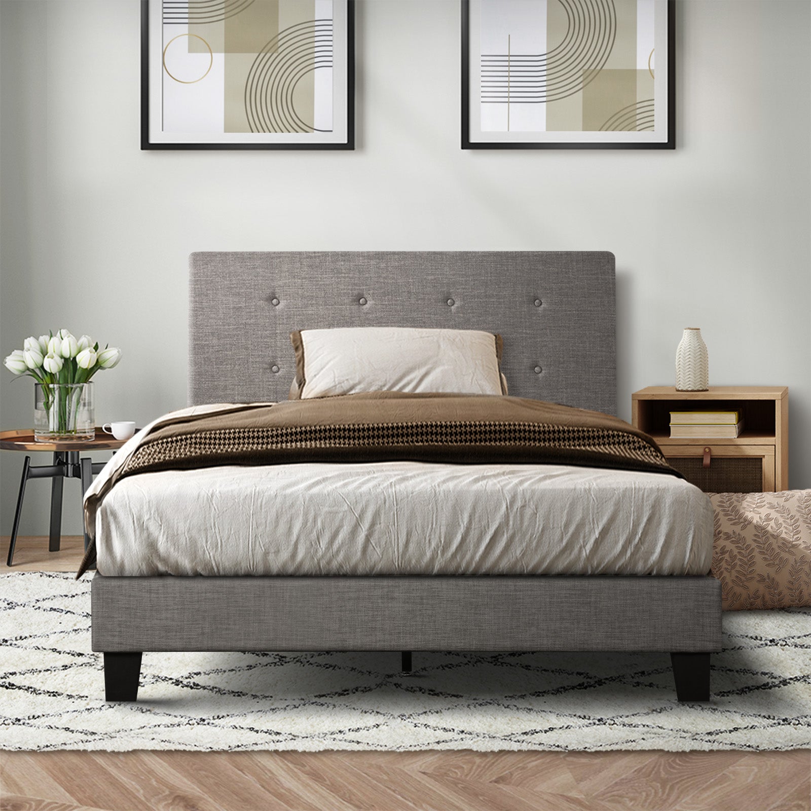 Oikiture Bed Frame Single Size Bed Platform Wooden Fabric Grey - Sunyee