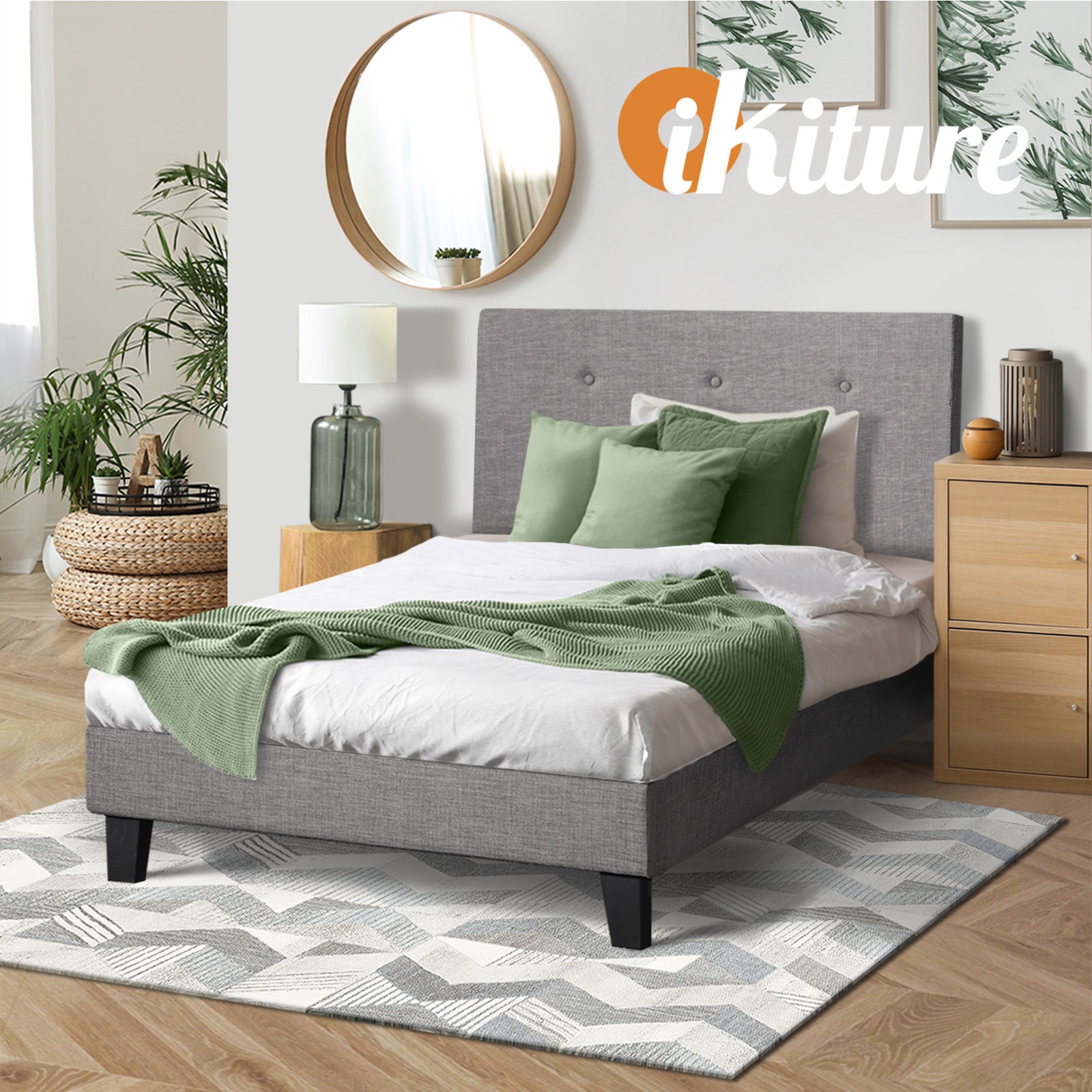 Oikiture Bed Frame Single Size Bed Platform Wooden Fabric Grey - Sunyee