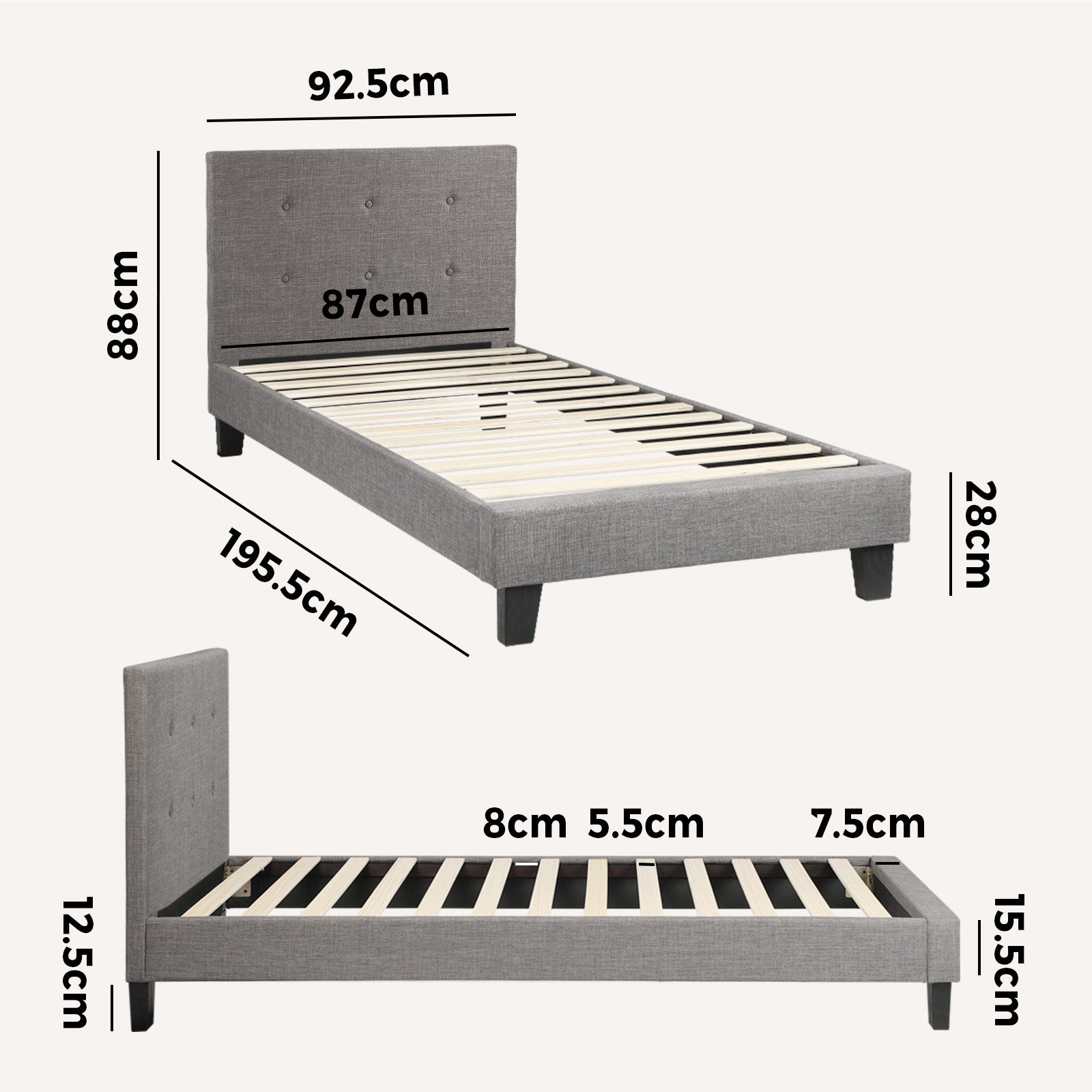 Oikiture Bed Frame Single Size Bed Platform Wooden Fabric Grey - Sunyee