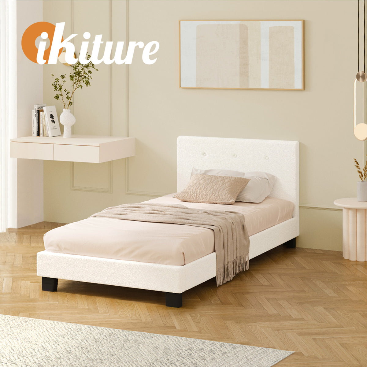 Oikiture Bed Frame Single Size Bed Platform White Boucle - Sunyee