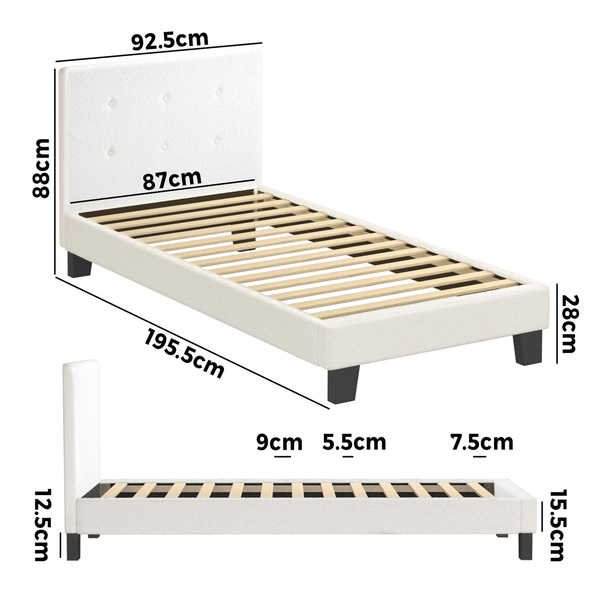 Oikiture Bed Frame Single Size Bed Platform White Boucle - Sunyee
