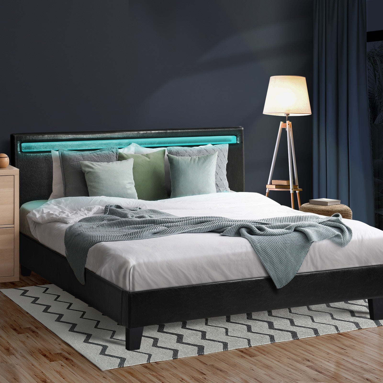 Oikiture Bed Frame RGB LED Double Size Mattress Base Platform Wooden PU Leather - Sunyee